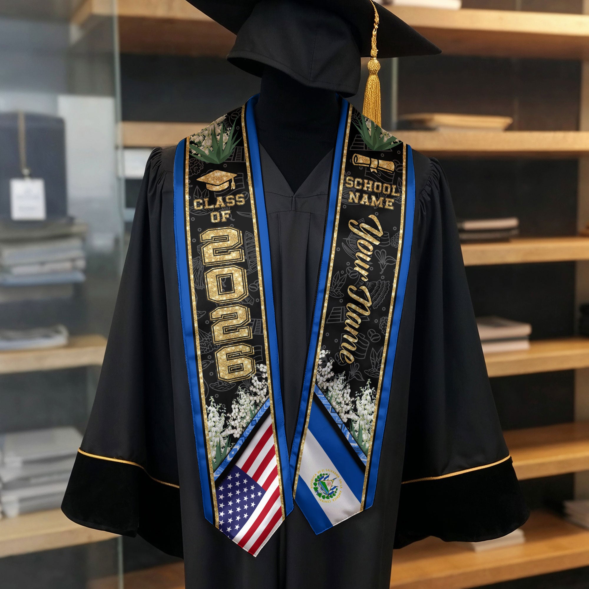 El Salvador Graduation Stole 2026, El Salvador Flag Sash, Custom Accent for Class of 2026