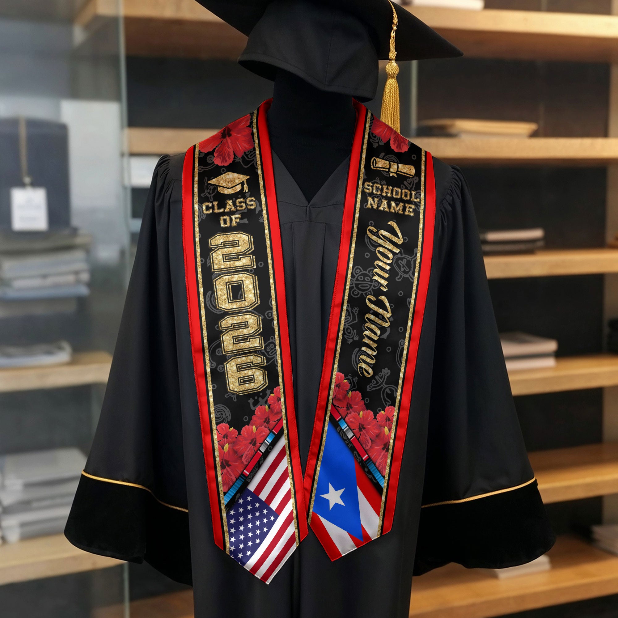 Puerto Rico Graduation Stole 2026, Puerto Rico Flag Sash, Custom Accent Class of 2026