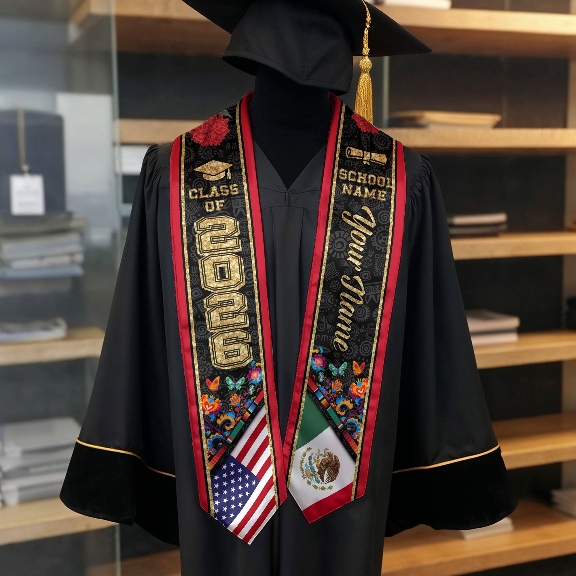 Mexican Graduation Stole 2026, Mexican Flag Sash, Custom Accent Graduation Stole 2026