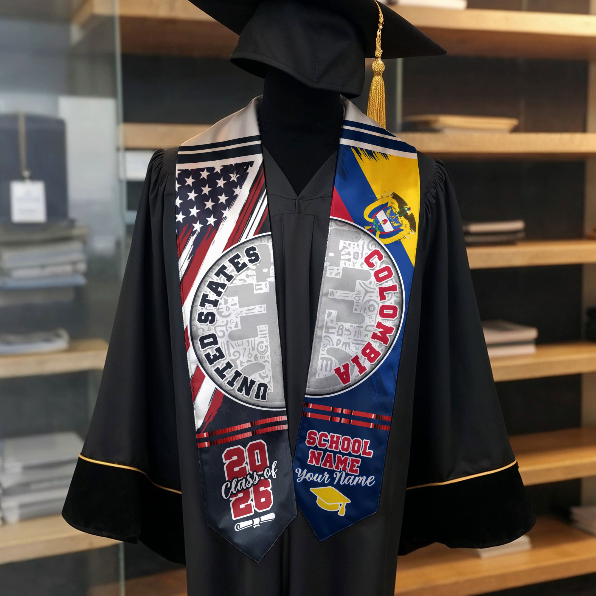 Colombia Flag Graduation Stole 2026, Colombian Grad Sash, Graduation Stole with Custom Details