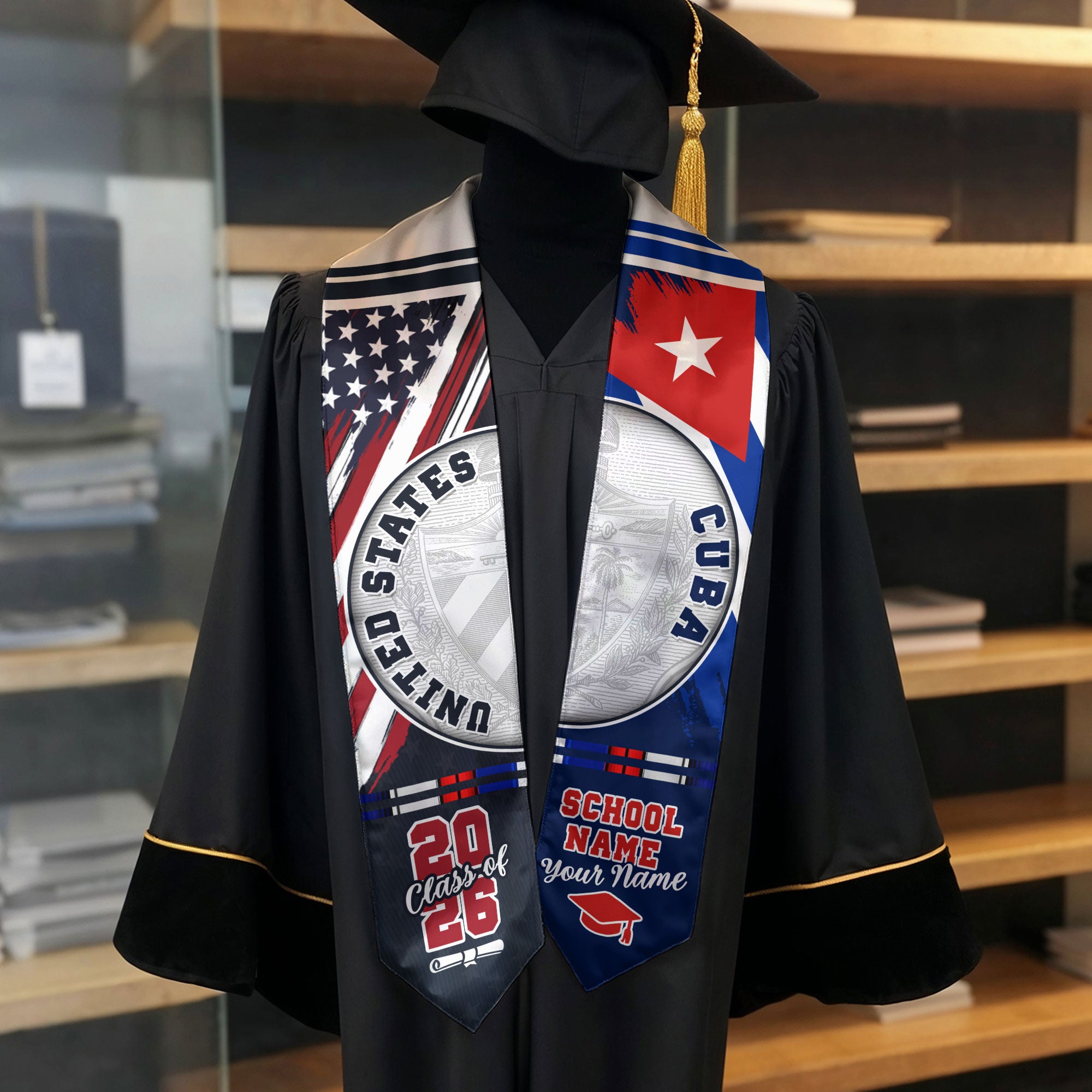 Cuba Flag Graduation Stole 2026, Cuban Grad Sash, Graduation Stole with Custom Details