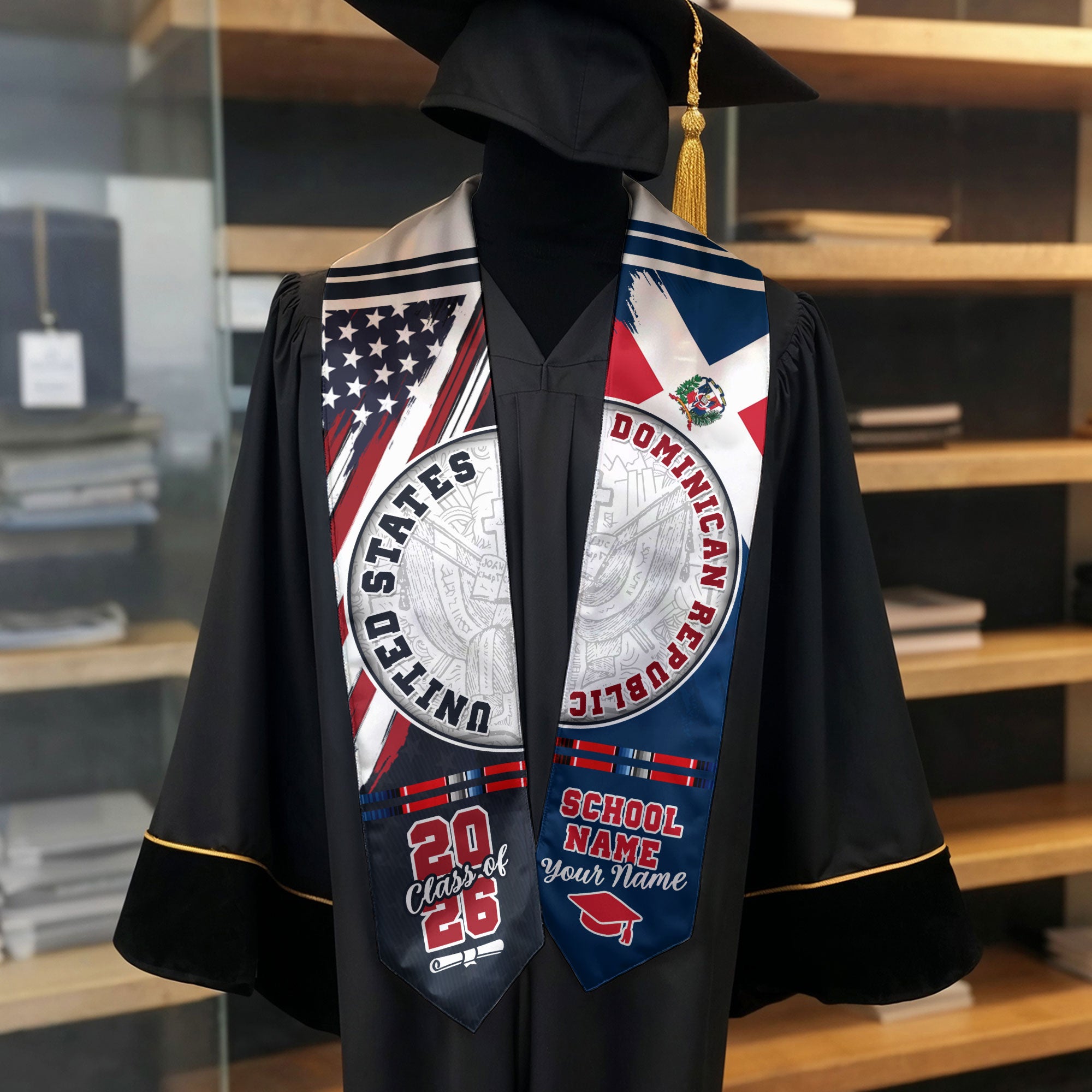 Dominican Flag Graduation Stole 2026, Dominican Grad Sash, Graduation Stole with Custom Details