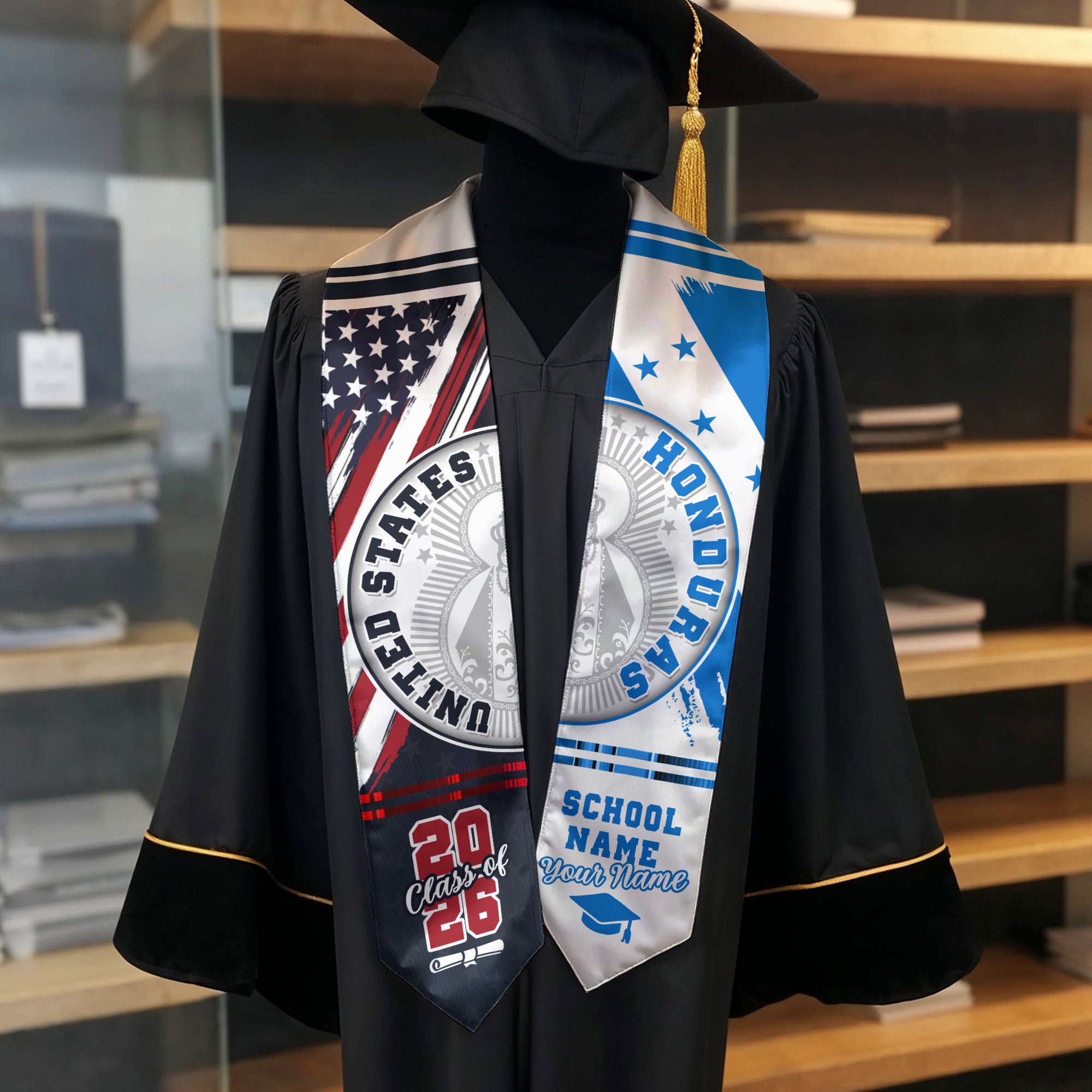 Honduras Flag Graduation Stole 2026, Honduran Grad Sash, Graduation Stole with Custom Details