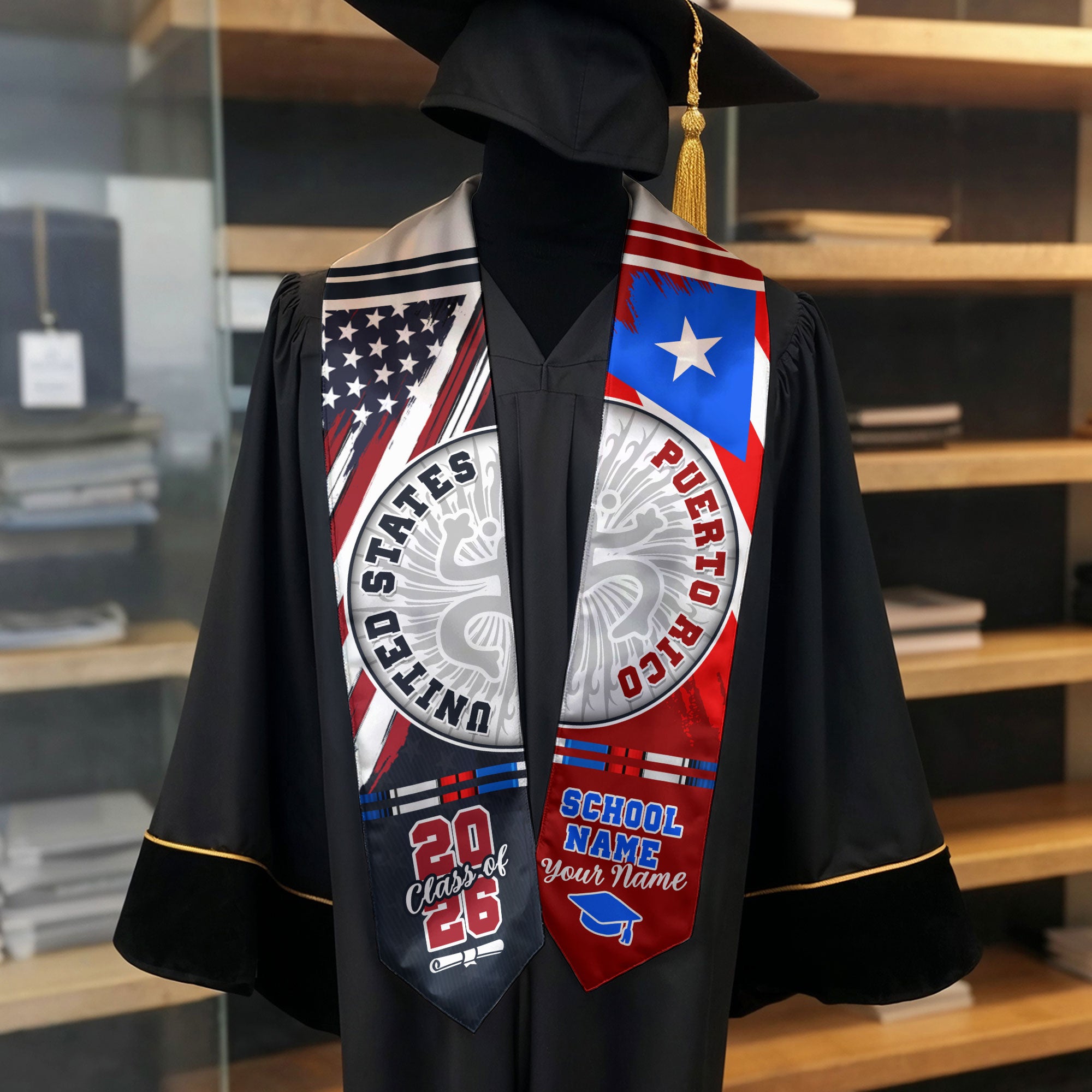 Puerto Rico Flag Graduation Stole 2026, Puerto Rican Grad Sash, Custom Details for 2026