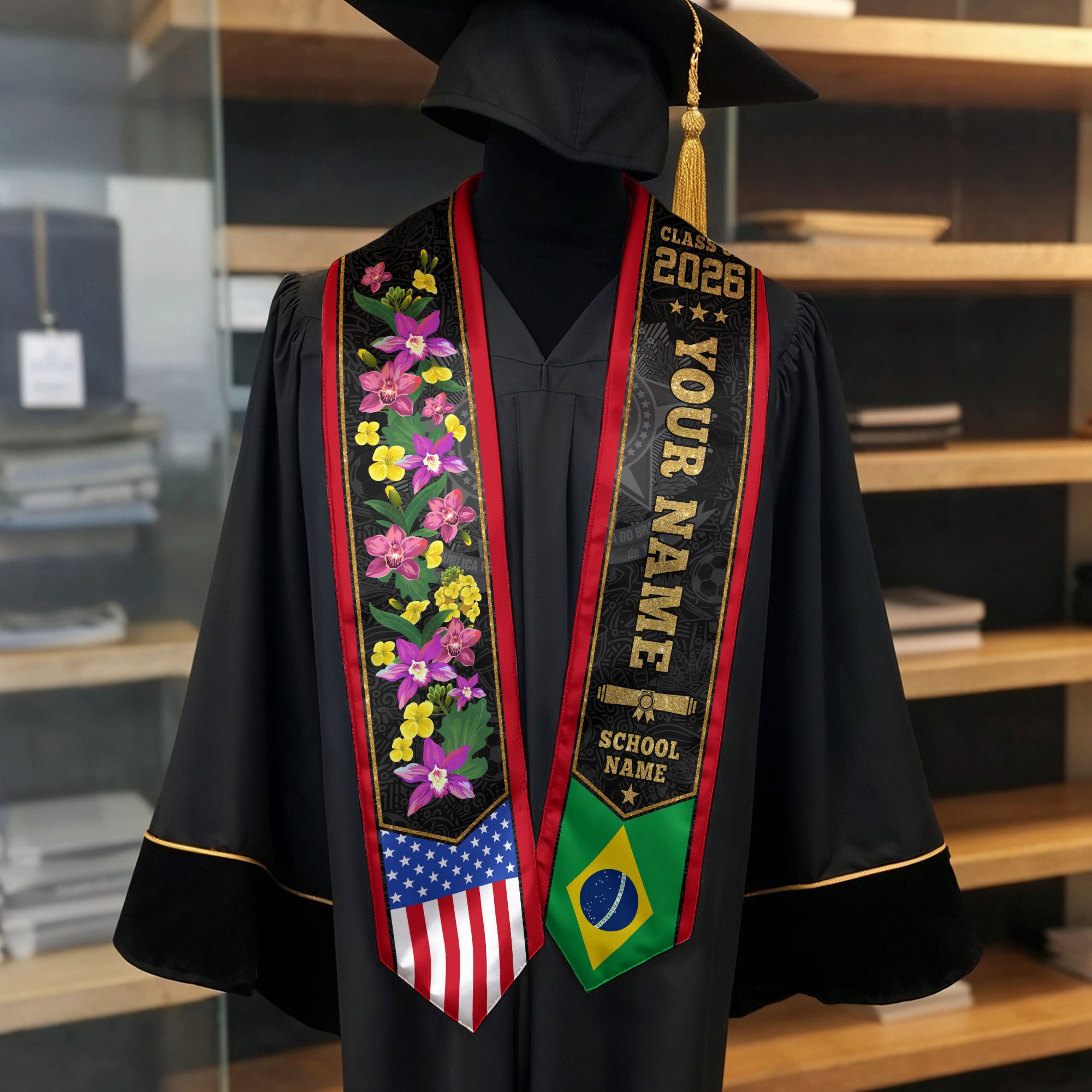 Brazil Graduation Stole 2026, Brazilian Flag Graduation Sash, Custom Grad Stole 2026