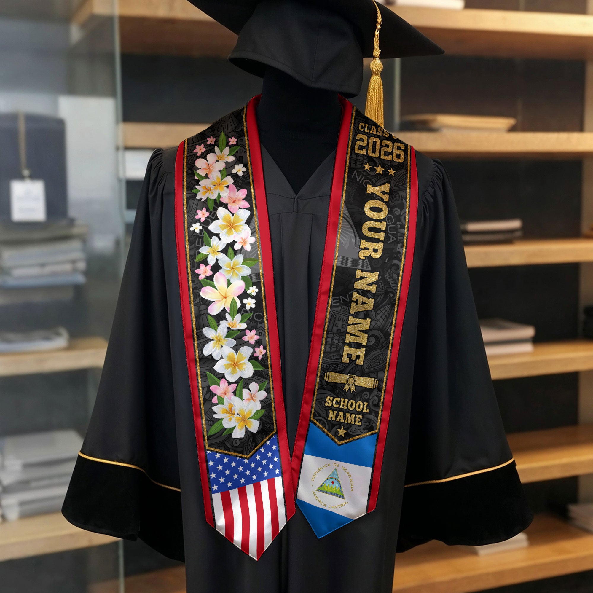 Nicaragua Graduation Stole 2026, Nicaraguan Flag Sash, Graduation Stole with Custom Accent