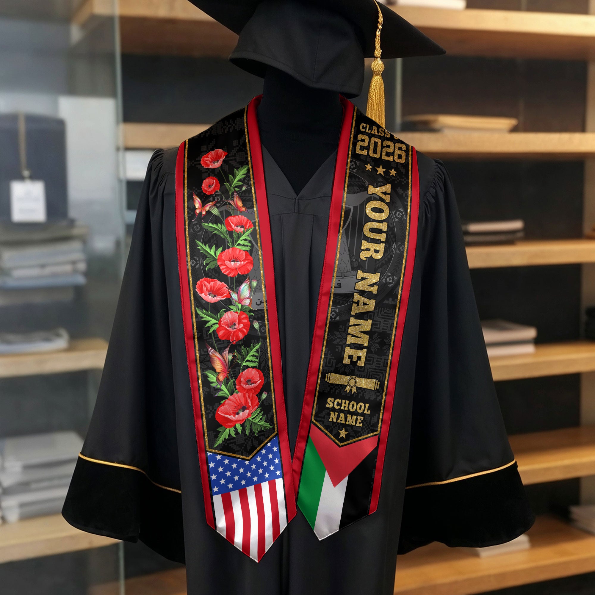 Palestine Graduation Stole 2026, Palestinian Flag Sash, Graduation Stole with Custom Accent