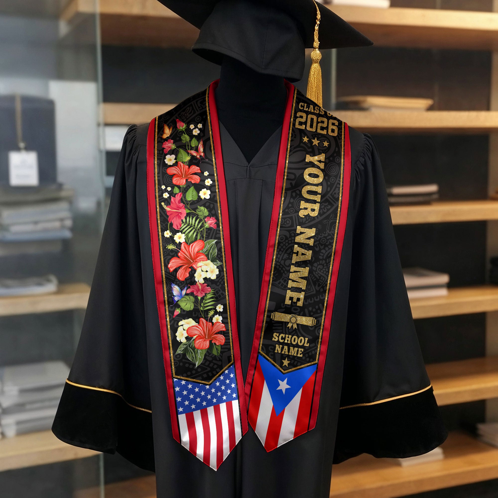Puerto Rico Graduation Stole 2026, Puerto Rican Flag Sash, Stole with Custom Accent