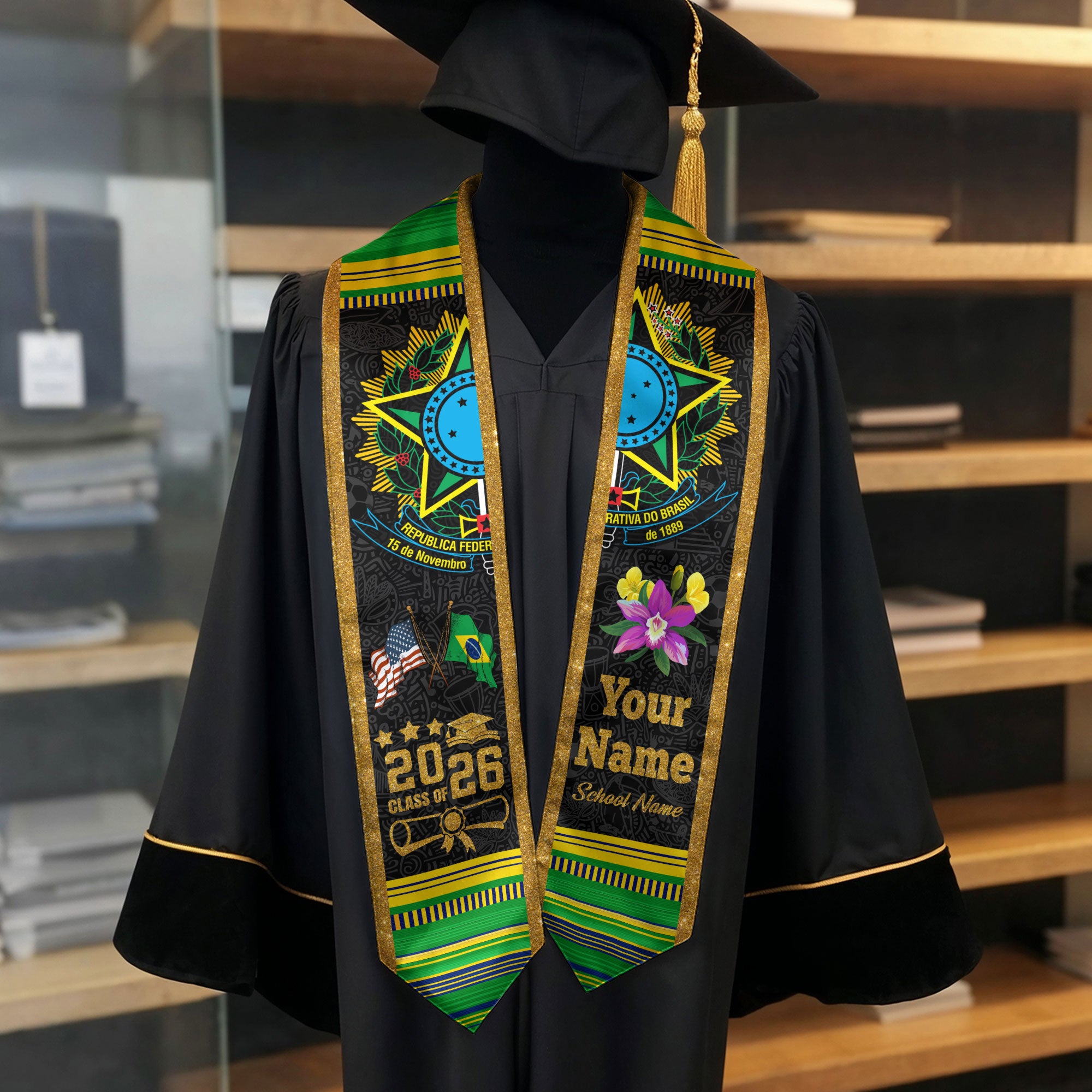Brazilian Flag Graduation Sash 2026, Brazil Graduation Stole, Custom Graduation Stole