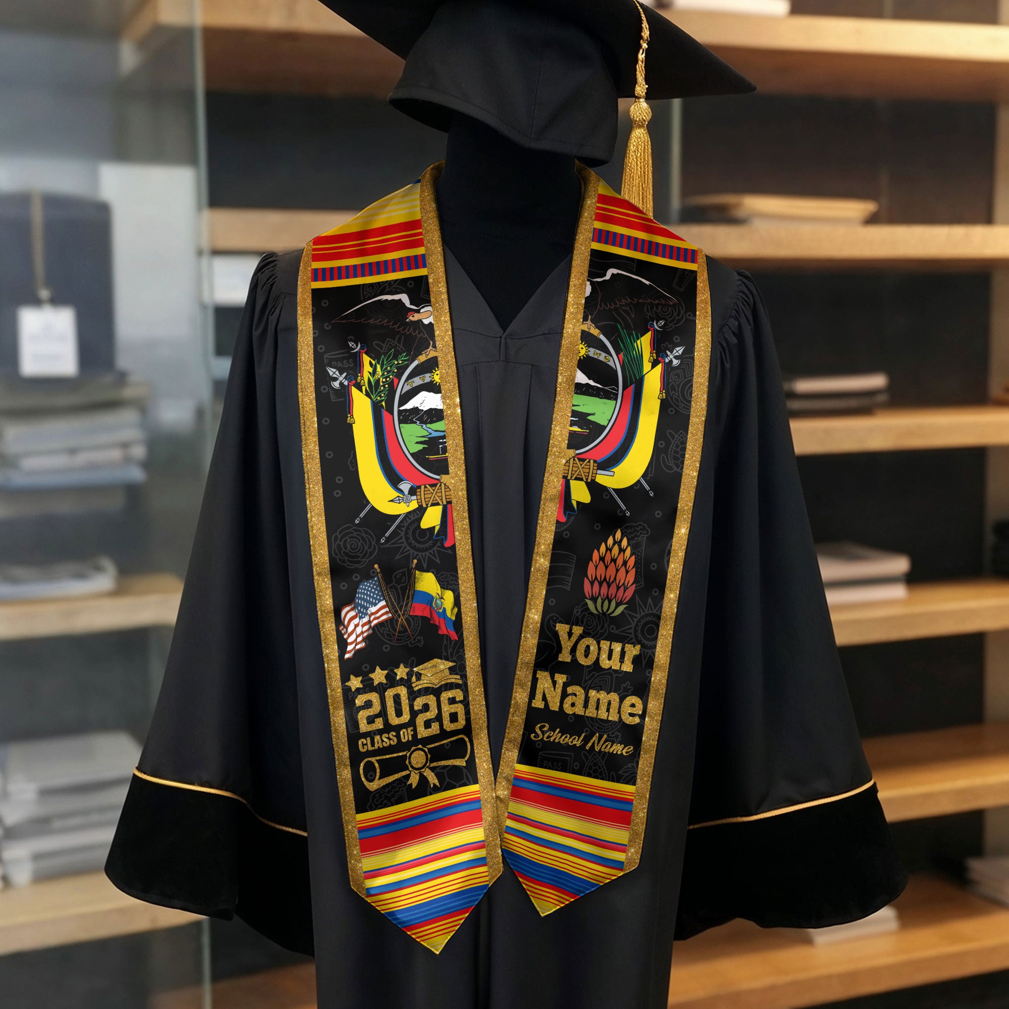 Ecuadorian Flag Graduation Sash 2026, Ecuador Graduation Stole, Custom Graduation Stole