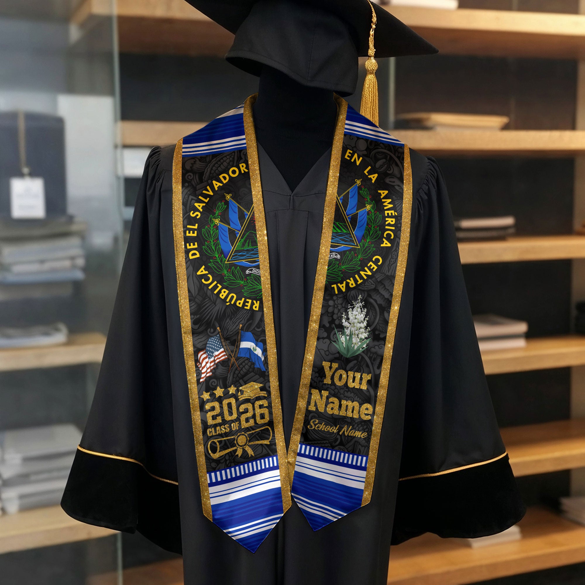 Salvadoran Flag Graduation Sash 2026, El Salvador Stole for Graduates, Grad Stole
