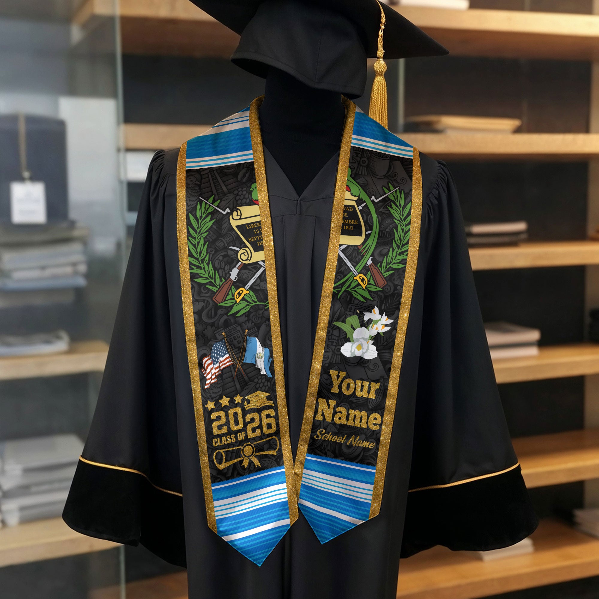 Customized Guatemala Graduation Stole 2026, Guatemalan Flag Sash, Unique Custom Graduation Design