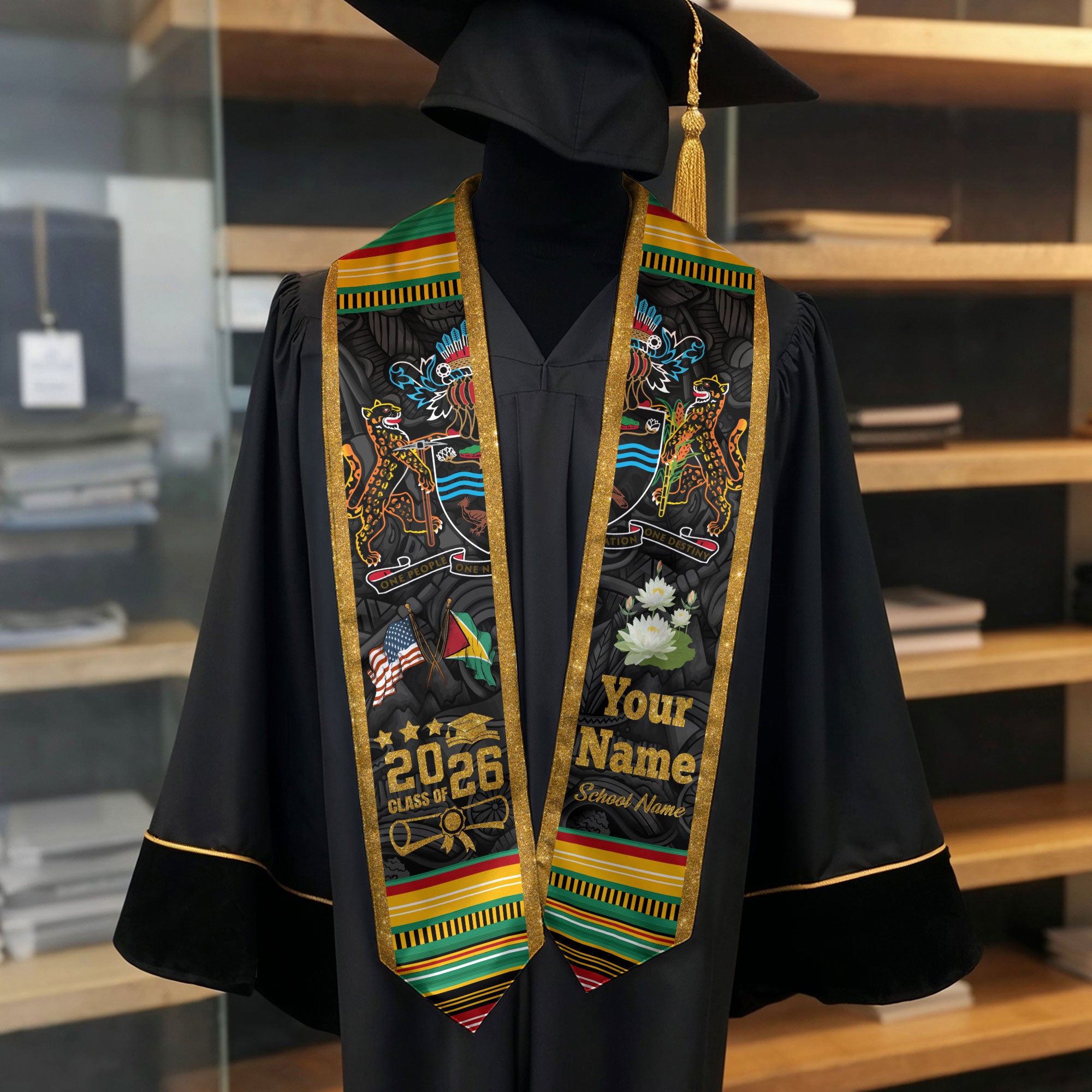 Guyanese Flag Graduation Sash 2026, Guyana Graduation Stole, Custom Graduation Stole