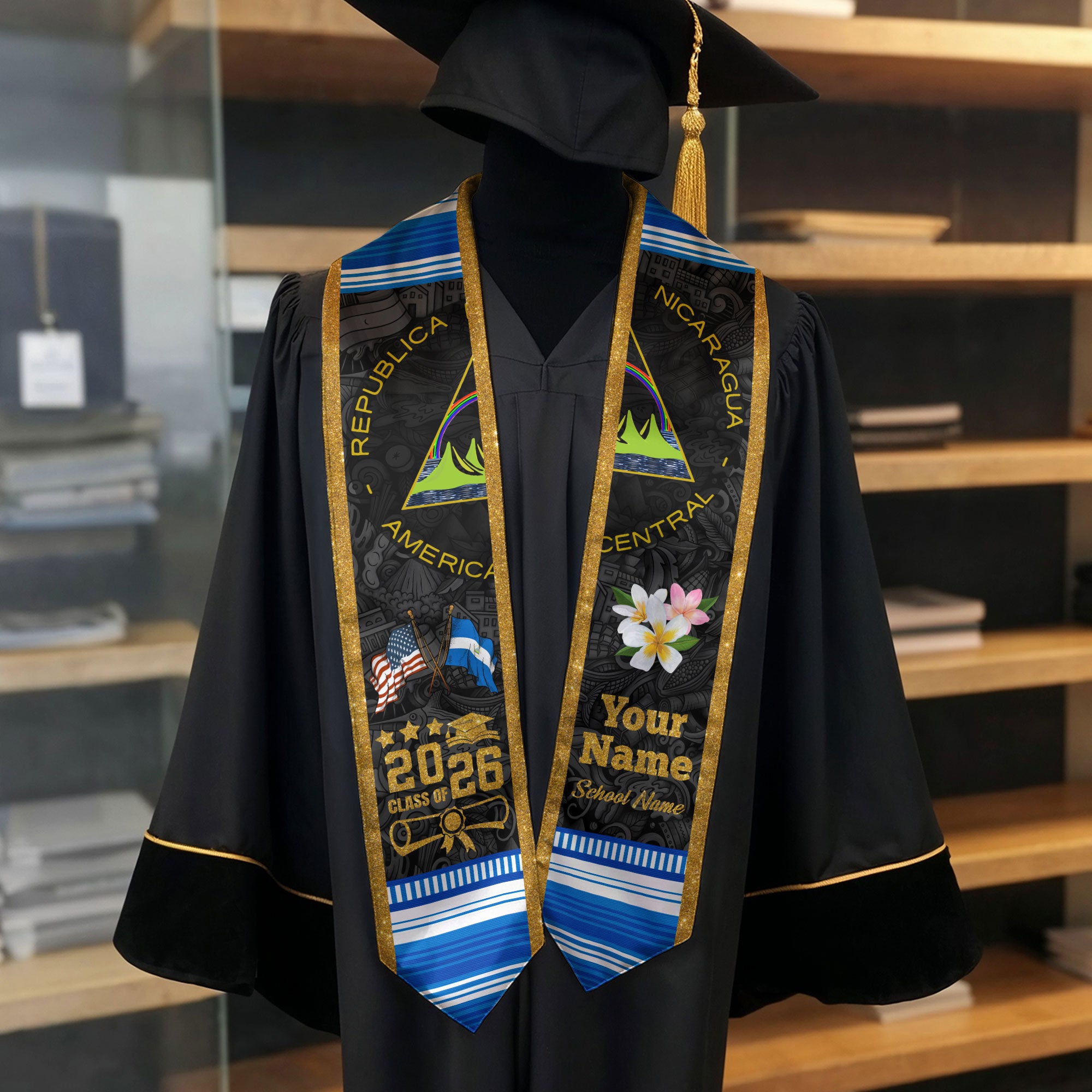 Nicaraguan Flag Graduation Sash 2026, Nicaragua Graduation Stole, Customizable Detail Sash