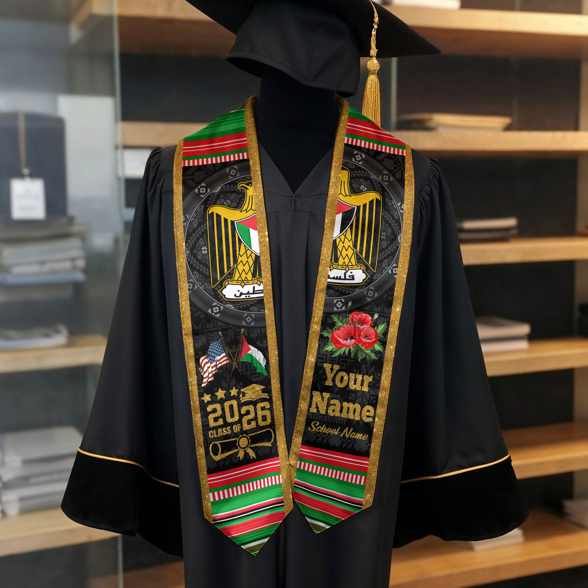 Palestinian Flag Graduation Sash 2026, Palestine Graduation Stole, Customizable Detail Sash
