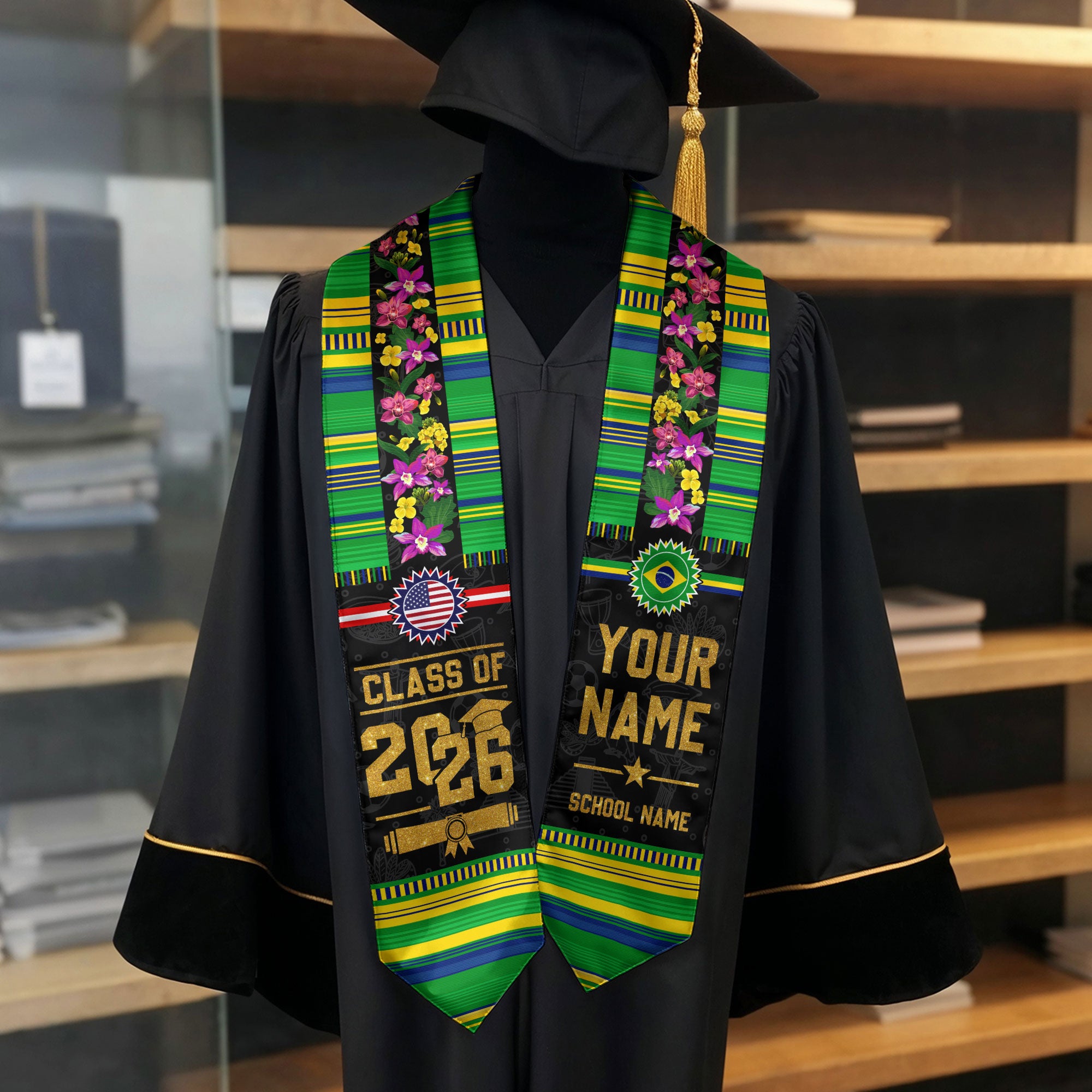 Brazil Flag Graduation Stole 2026, Brazil Stole Sash, Custom Grad Sash for Class of 2026
