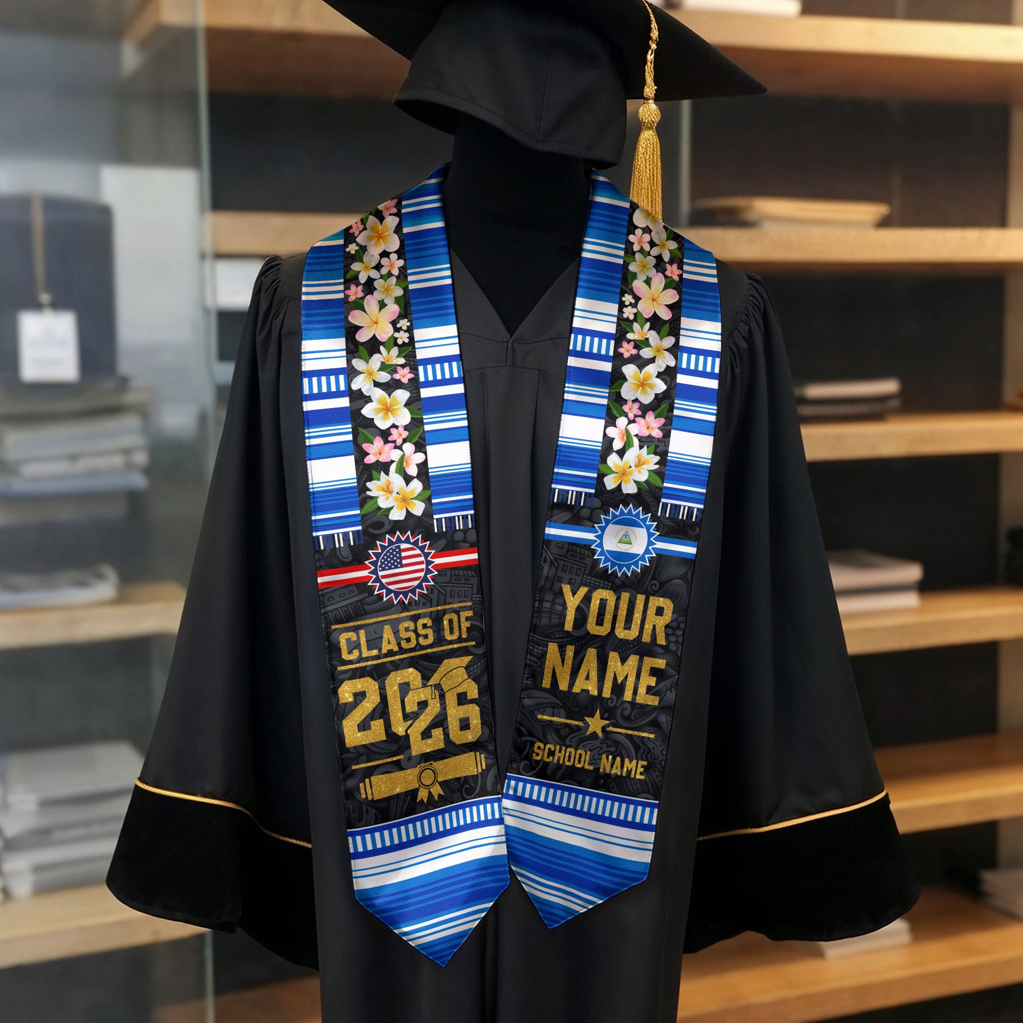 Nicaragua Flag Graduation Stole 2026, Nicaraguan Graduation Sash, Personalized Finish