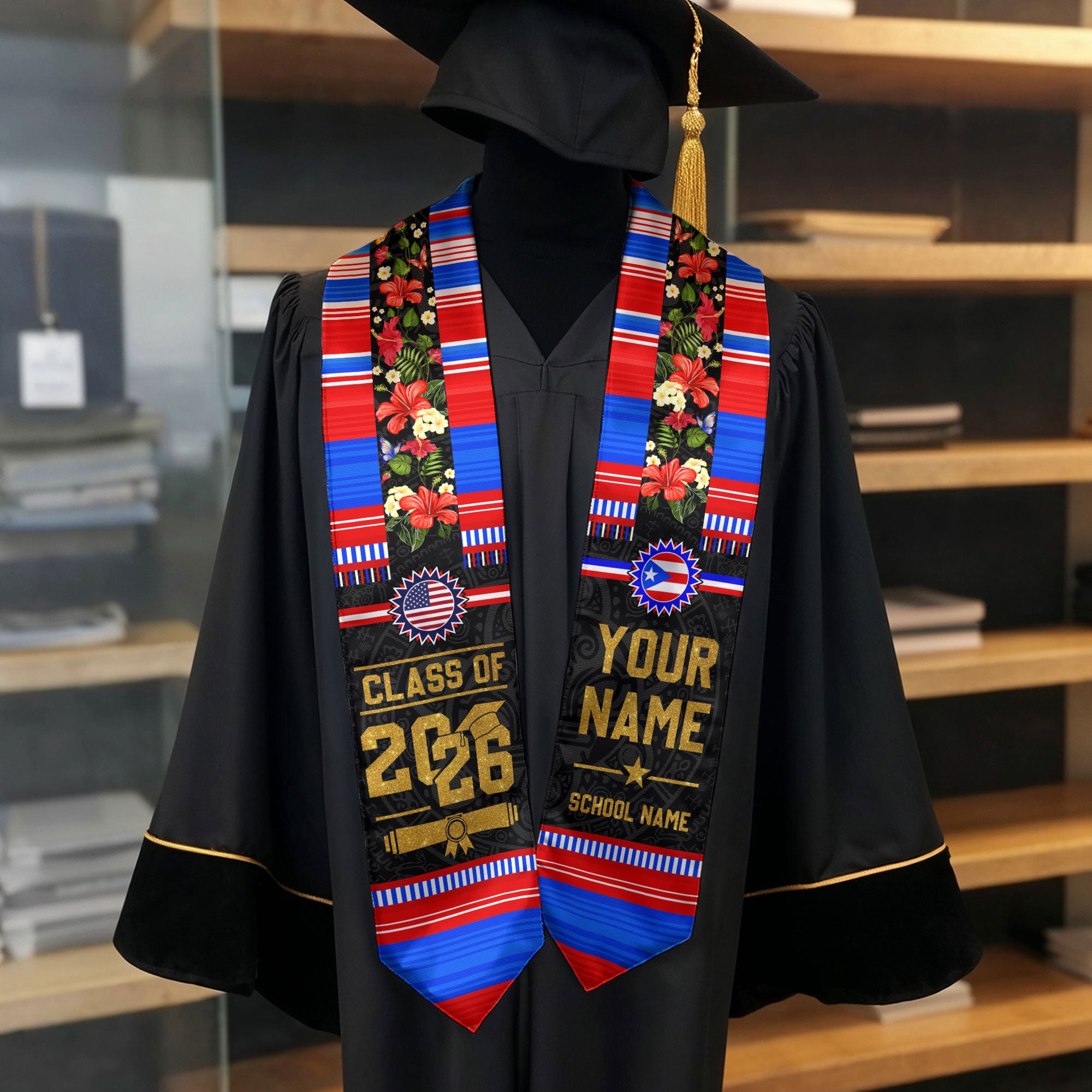 Puerto Rico Flag Graduation Stole 2026, Puerto Rican Graduation Sash, Personalized Finish