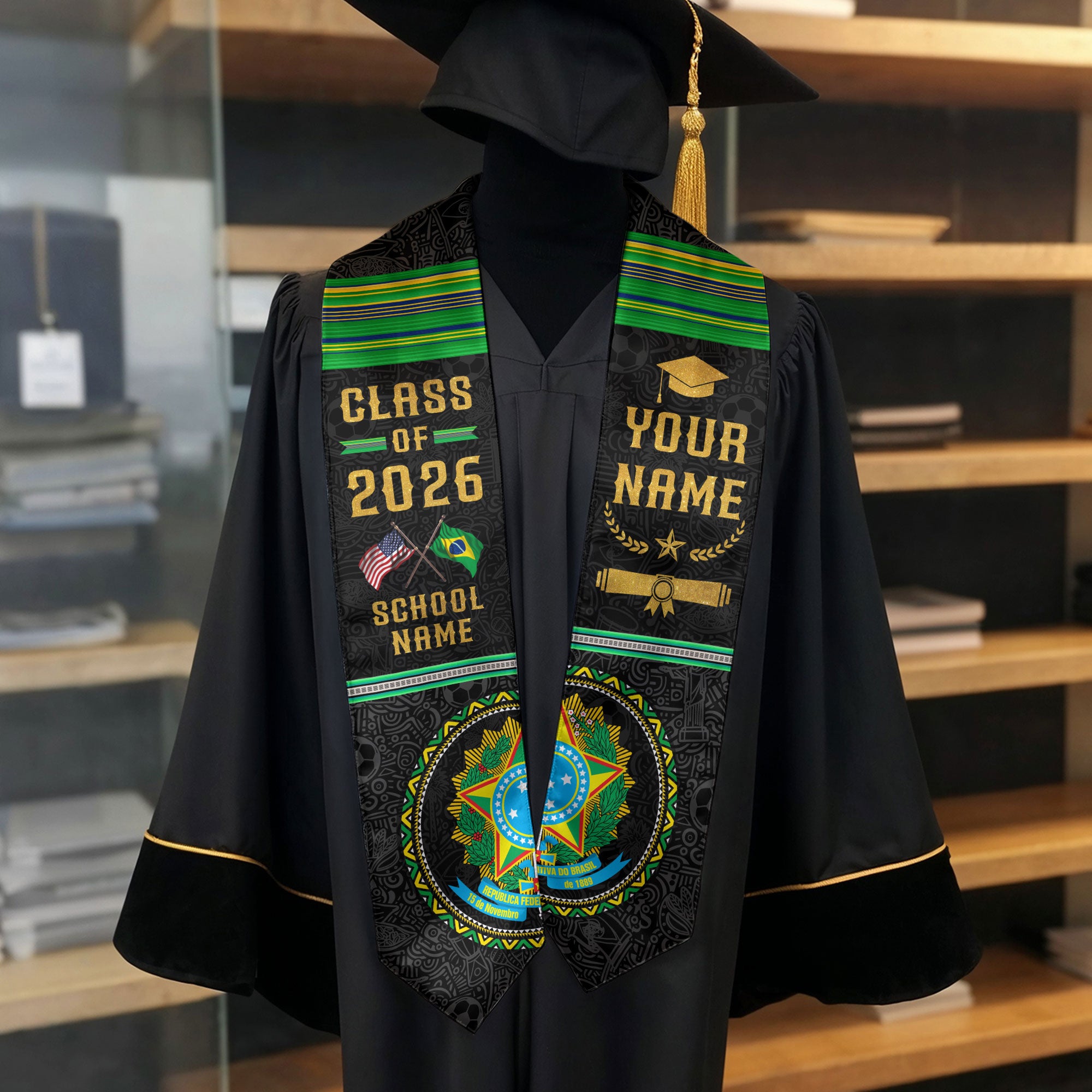 Custom Brazil Graduation Sash 2026, Brazilian Flag Stole, Brazil Graduation Stole 2026