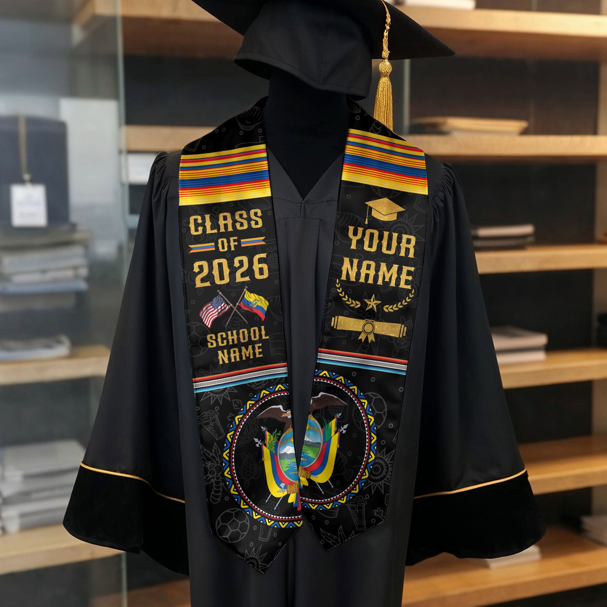 Custom Ecuador Graduation Sash 2026, Ecuadorian Flag Stole, Ecuador Graduation Stole 2026