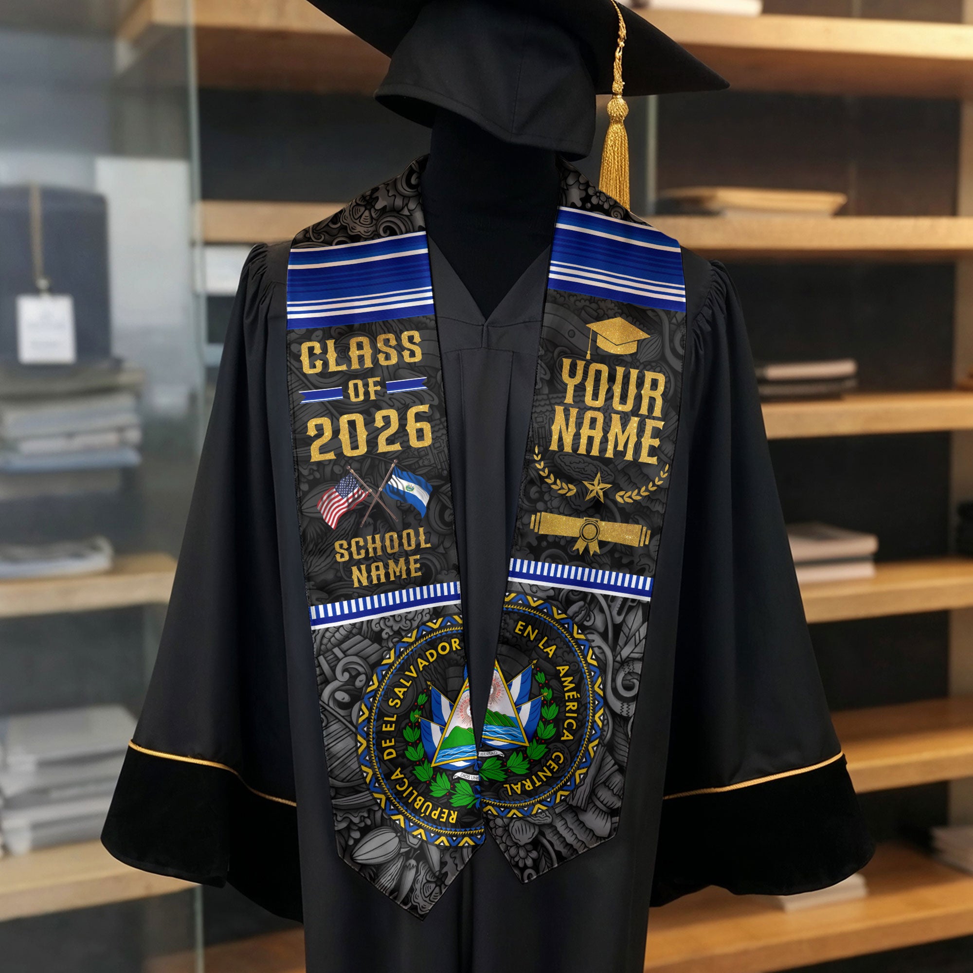 El Salvador Graduation Sash 2026, Salvadoran Flag Stole, Cultural Graduation Stole Gift