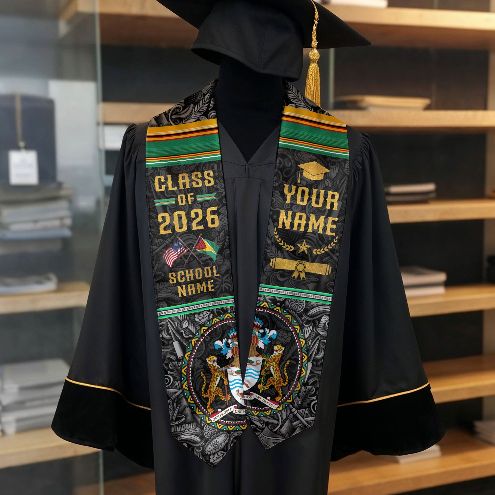 Custom Guyana Graduation Sash 2026, Guyanese Flag Stole, Guyana Graduation Stole 2026