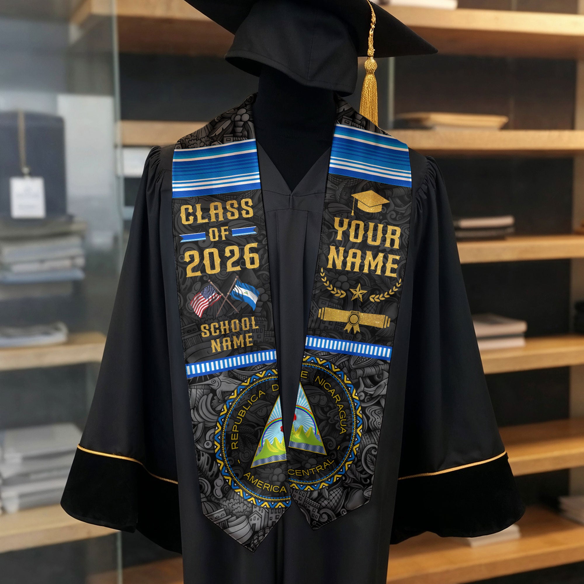 Nicaraguan Graduation Stole 2026, Nicaragua Flag Sash, Graduation Stole with Custom Details