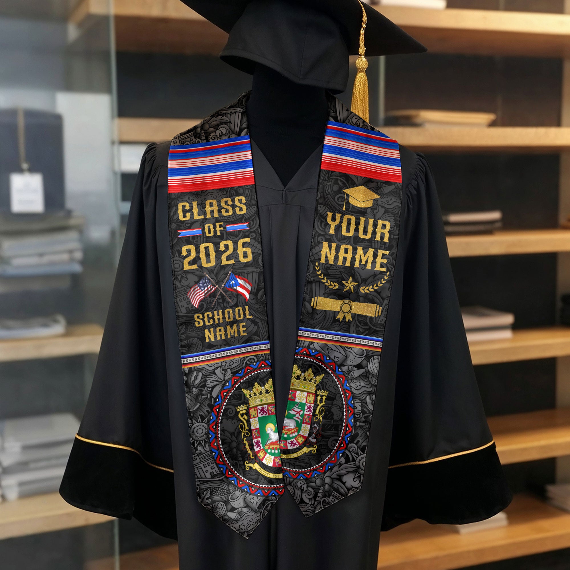 Puerto Rican Graduation Stole 2026, Puerto Rico Flag Sash, Graduation Stole with Custom Details