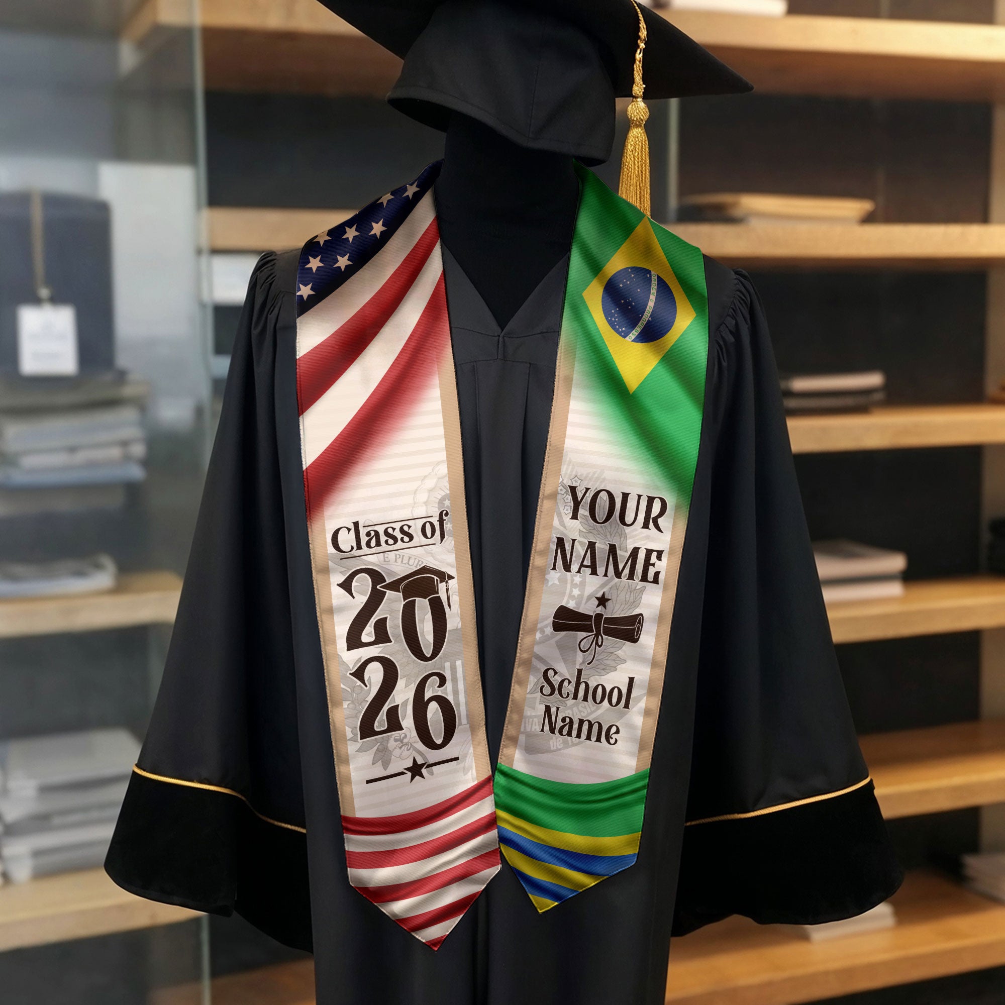 Brazil Graduation Sash 2026, Brazilian Flag Graduation Stole, Custom Brazil Grad Stole