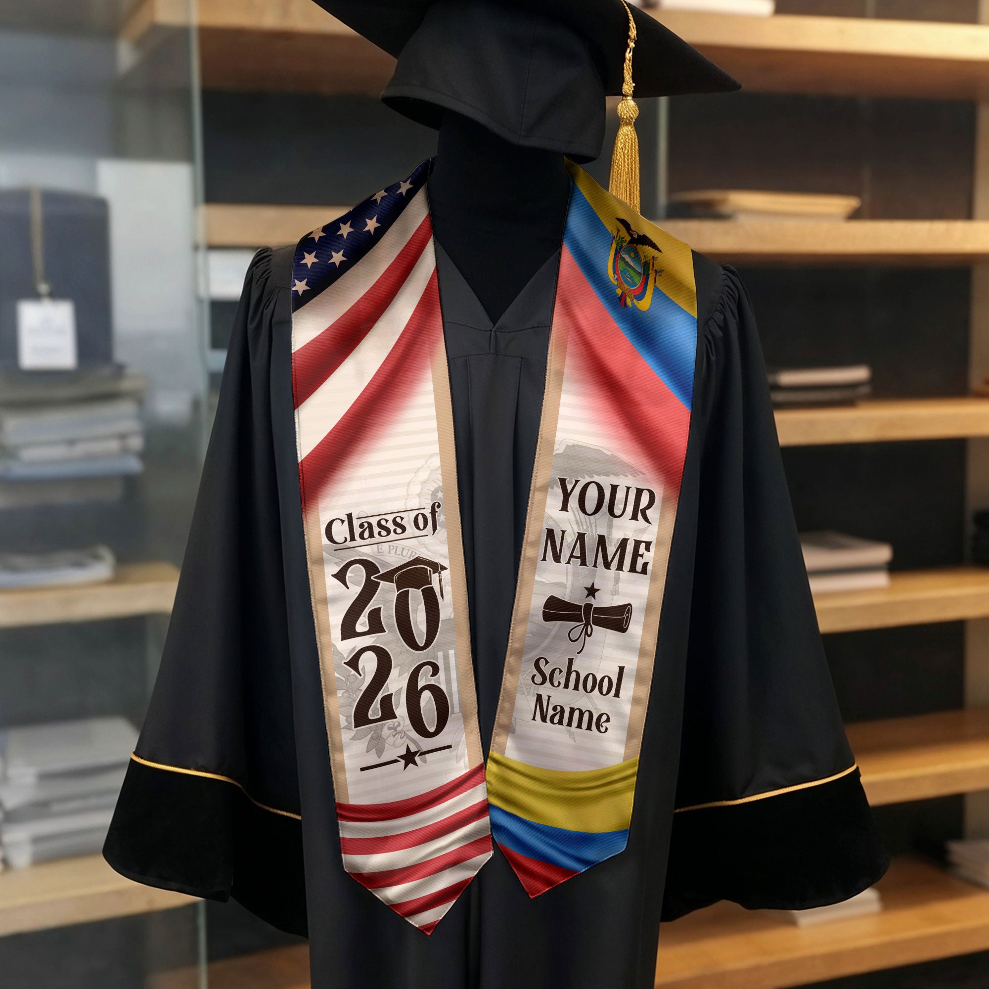 Ecuador Graduation Sash 2026, Ecuadorian Flag Graduation Stole, Custom Ecuador Grad Stole