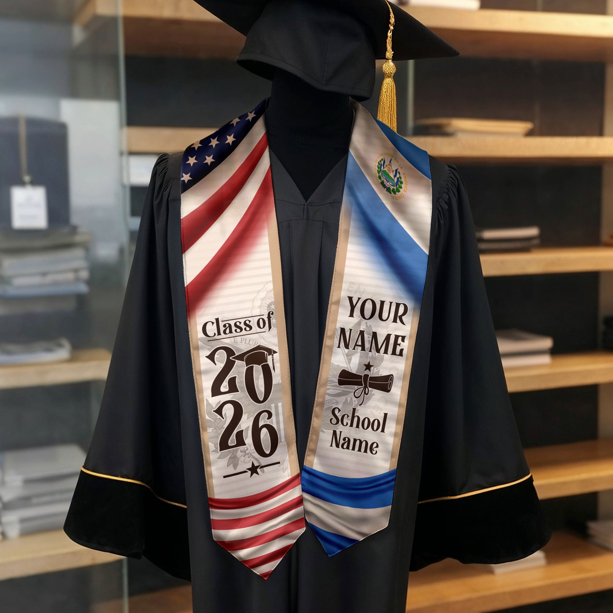 Salvadoran Graduation Stole 2026, El Salvador Flag Sash for Graduation, Grad Accessory