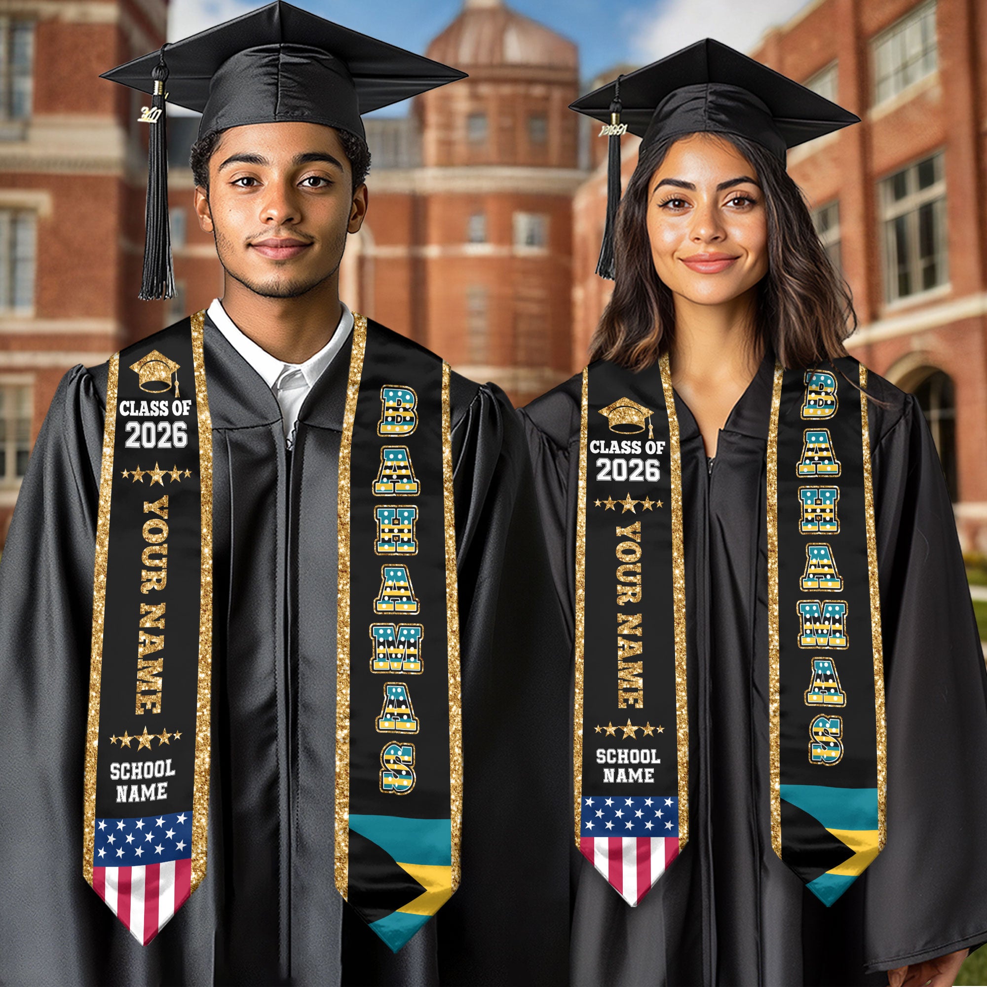 Bahamas Graduation Stole 2026, Bahamas Flag Sash, Personal Detail Option for Graduates