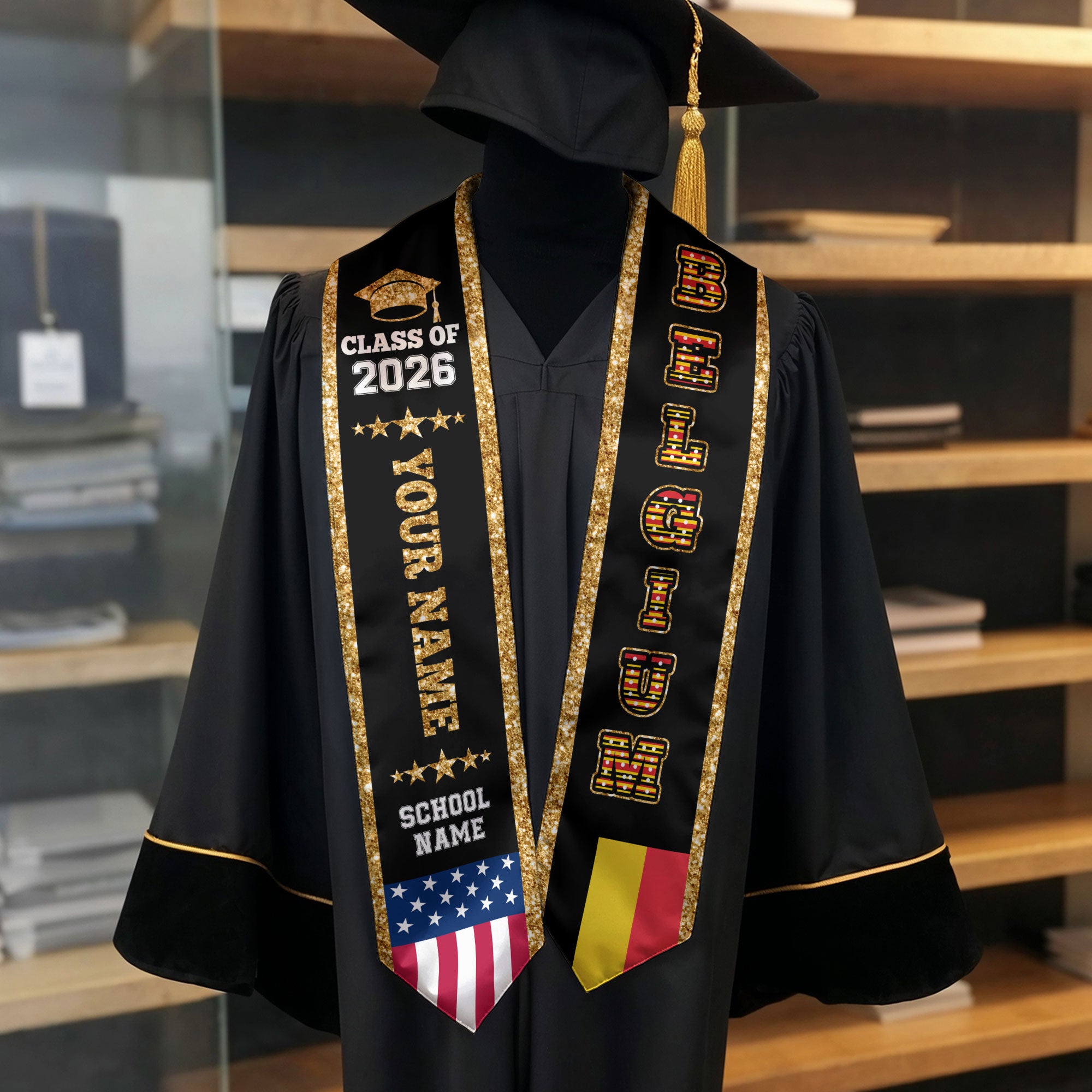 Belgium Graduation Stole 2026, Belgium Flag Sash, Personal Detail Option for Graduates