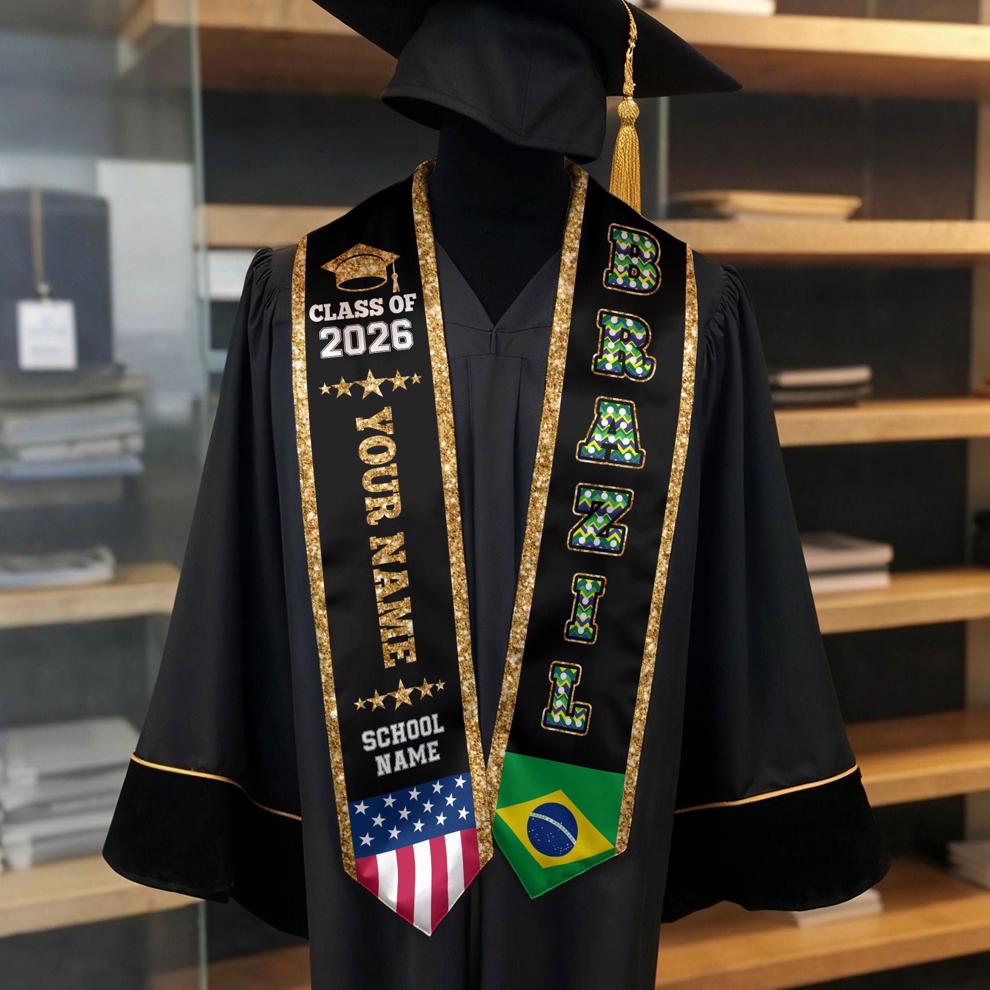 Brazil Graduation Stole 2026, Brazil Flag Sash, Personal Detail Option for Graduates