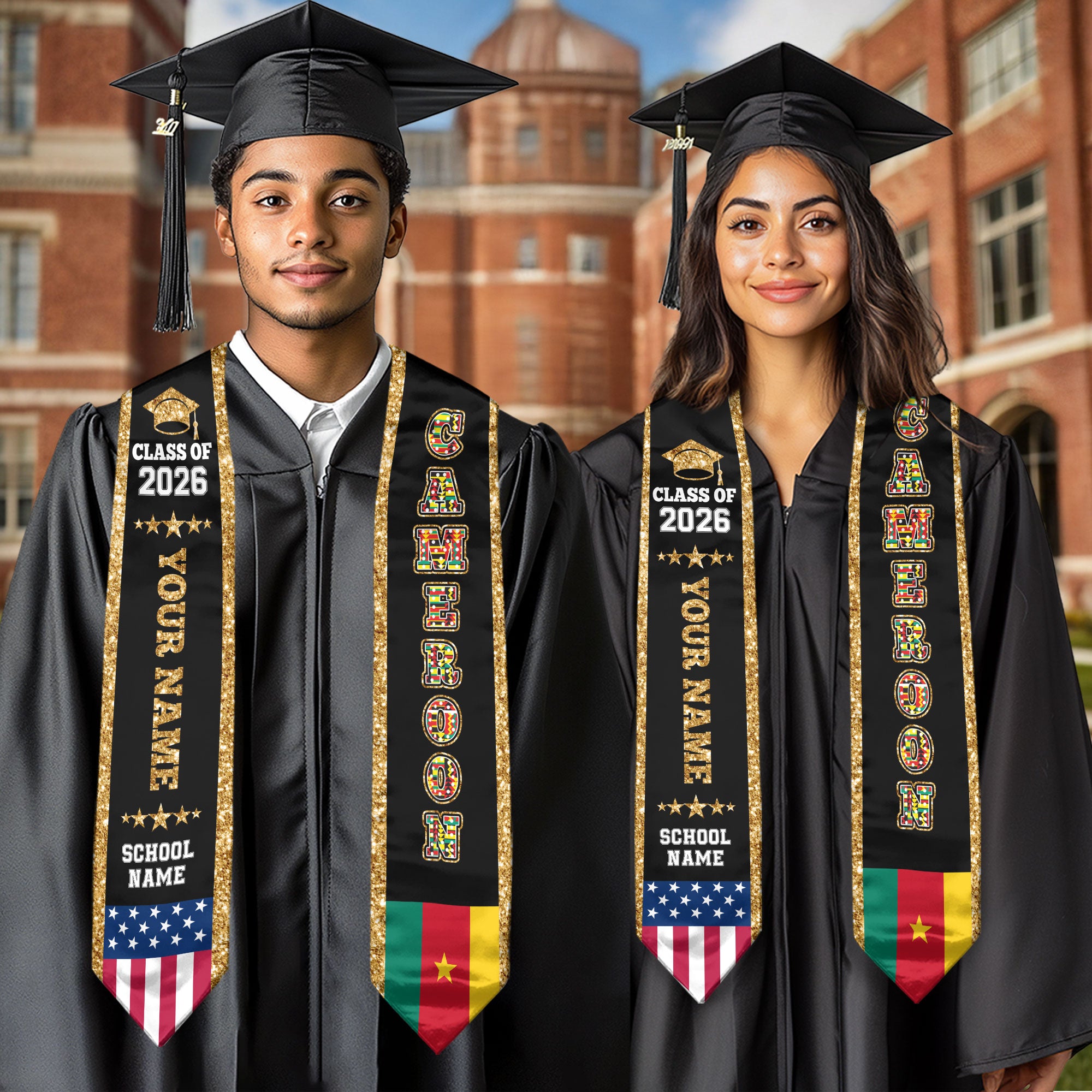 Cameroon Graduation Stole 2026, Cameroon Flag Sash, Personal Detail Option for Graduates