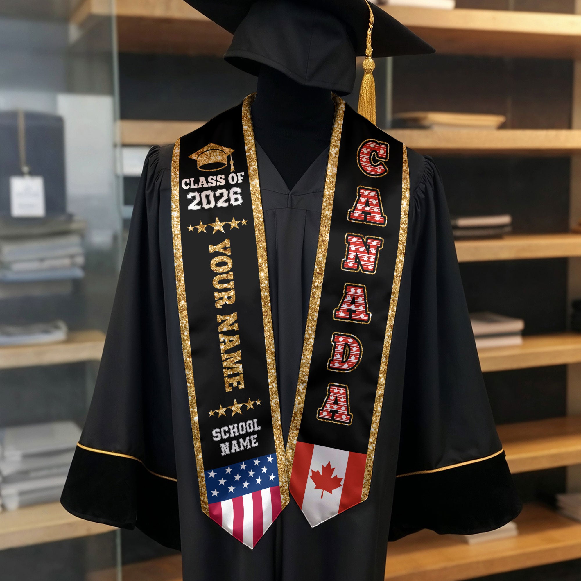 Canada Graduation Stole 2026, Canada Flag Sash, Personal Detail Option for Graduates