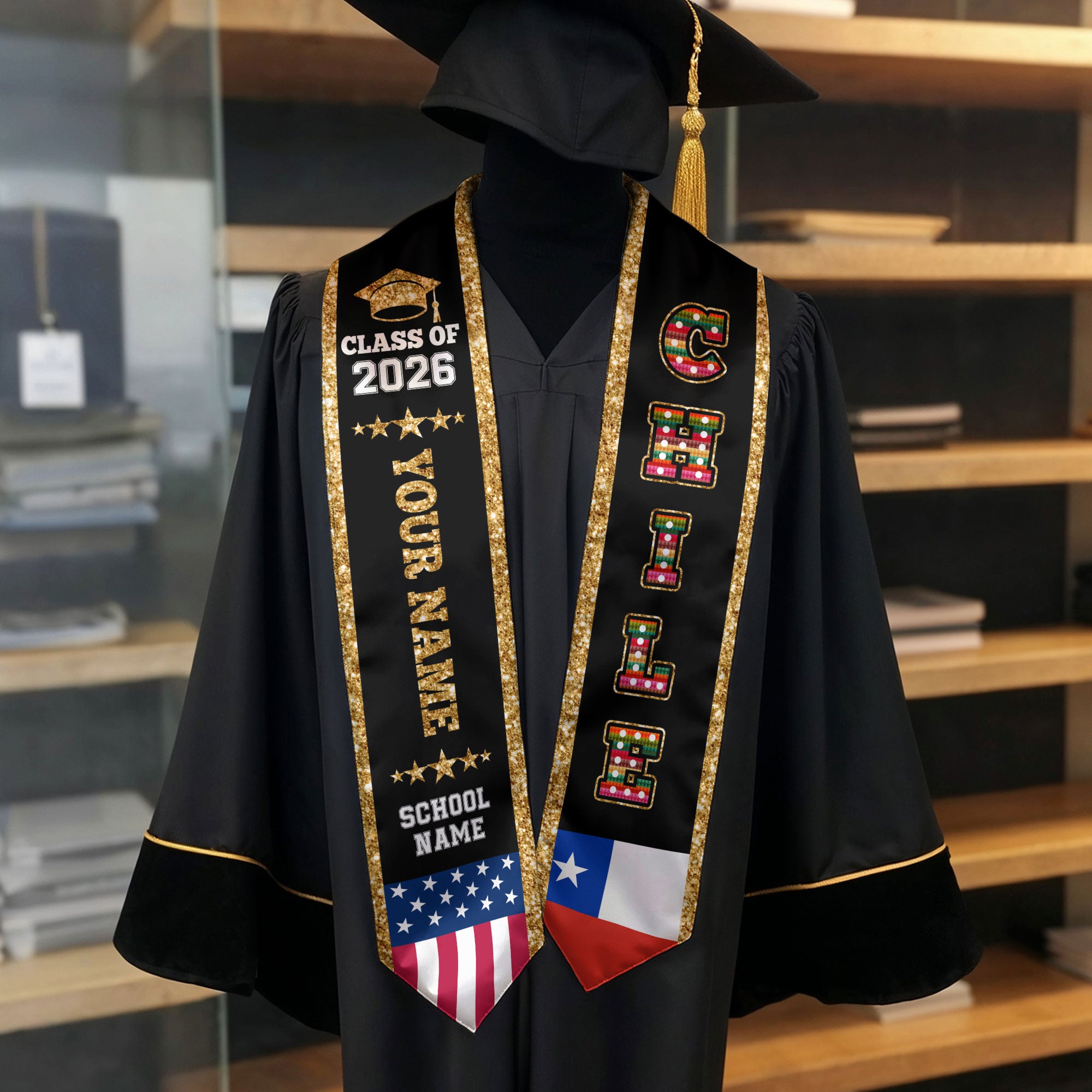Chile Graduation Stole 2026, Chile Flag Sash, Personal Detail Option for Graduates