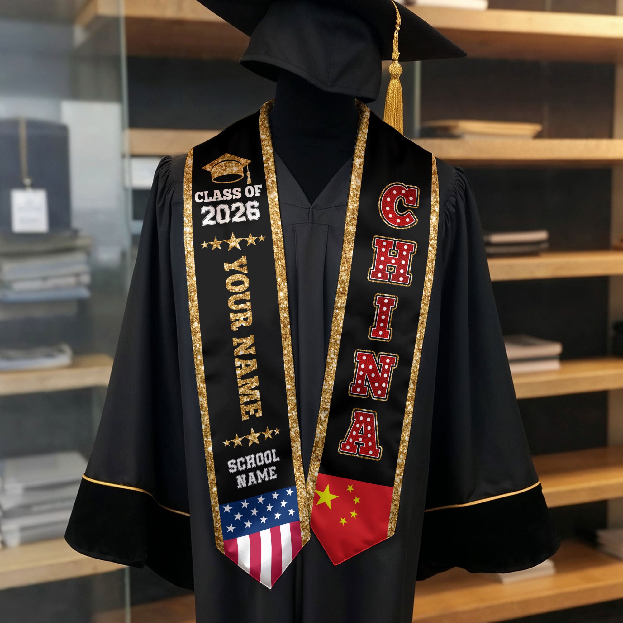 China Graduation Stole 2026, China Flag Sash, Personal Detail Option for Graduates