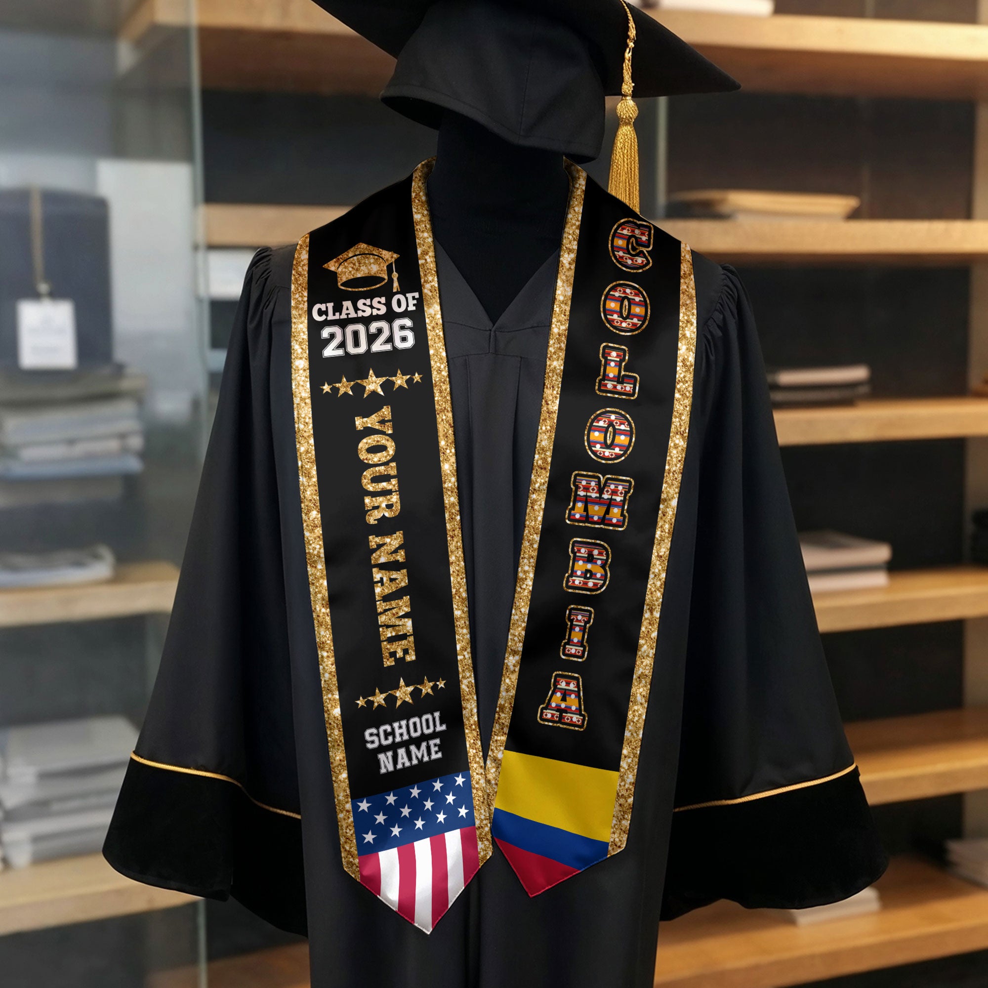 2026 Colombia Flag Graduation Stole, Colombia Sash, Personal Detail Option for Grads