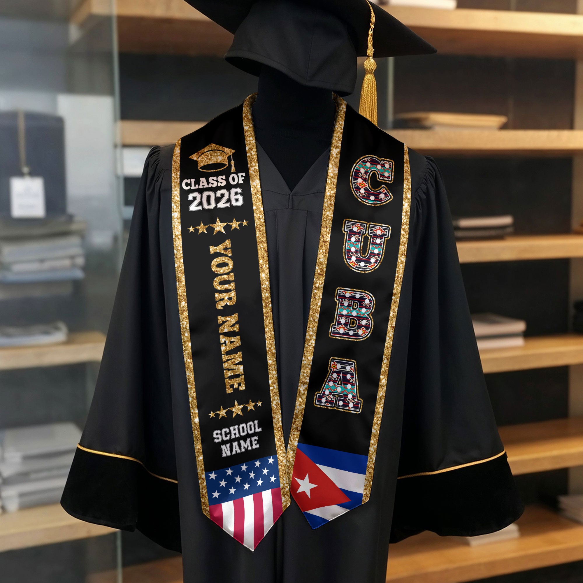 2026 Cuba Flag Graduation Stole, Cuba Sash, Personal Detail Option for Grads Ceremony