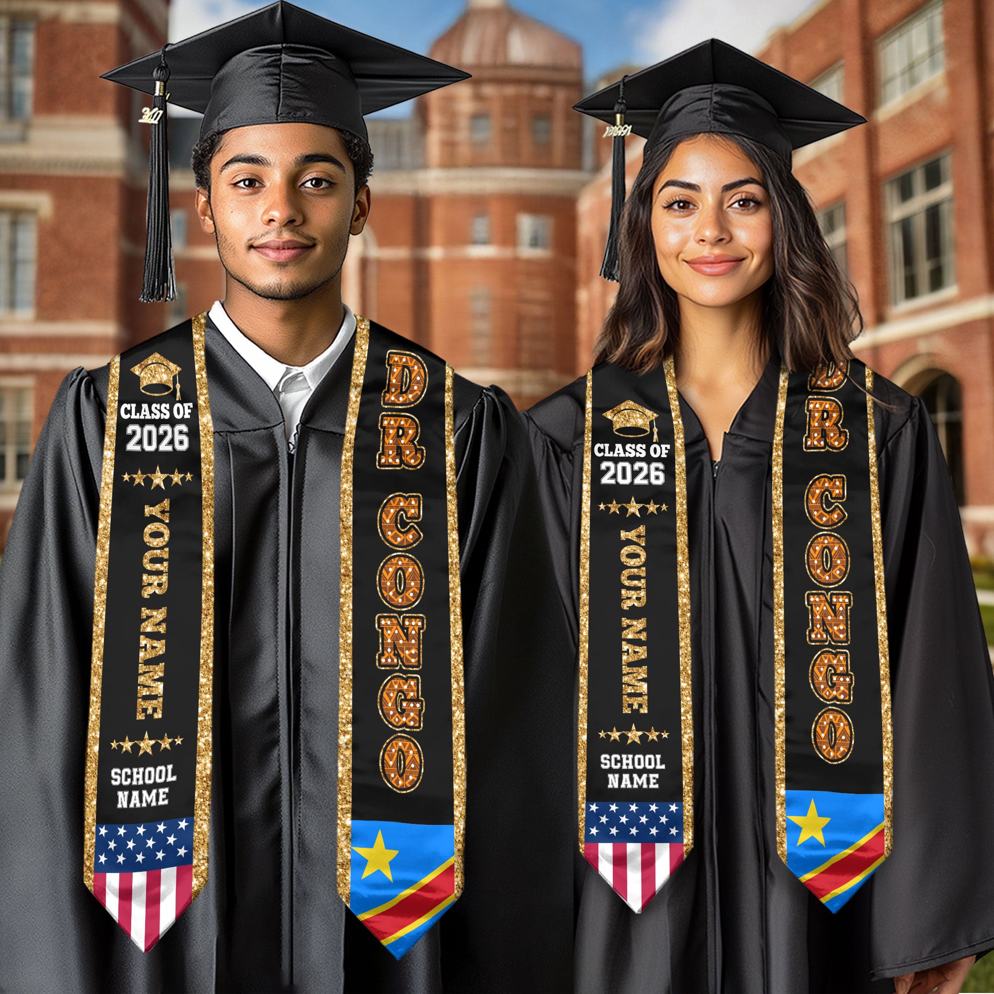 DRCongo Graduation Stole 2026, DRCongo Flag Sash, Personal Detail Option for Graduates
