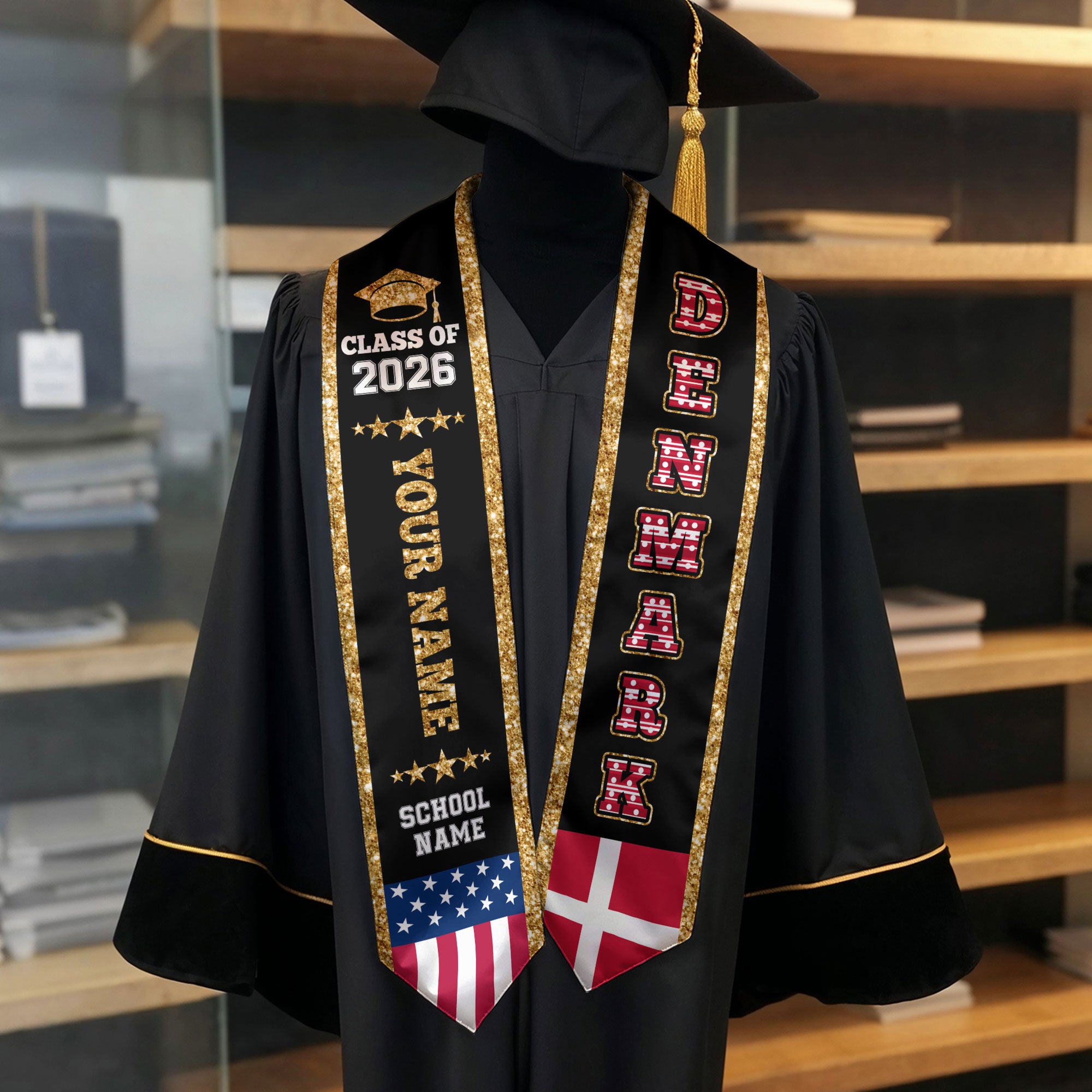 Denmark Graduation Stole 2026, Denmark Flag Sash, Personal Detail Option for Graduates