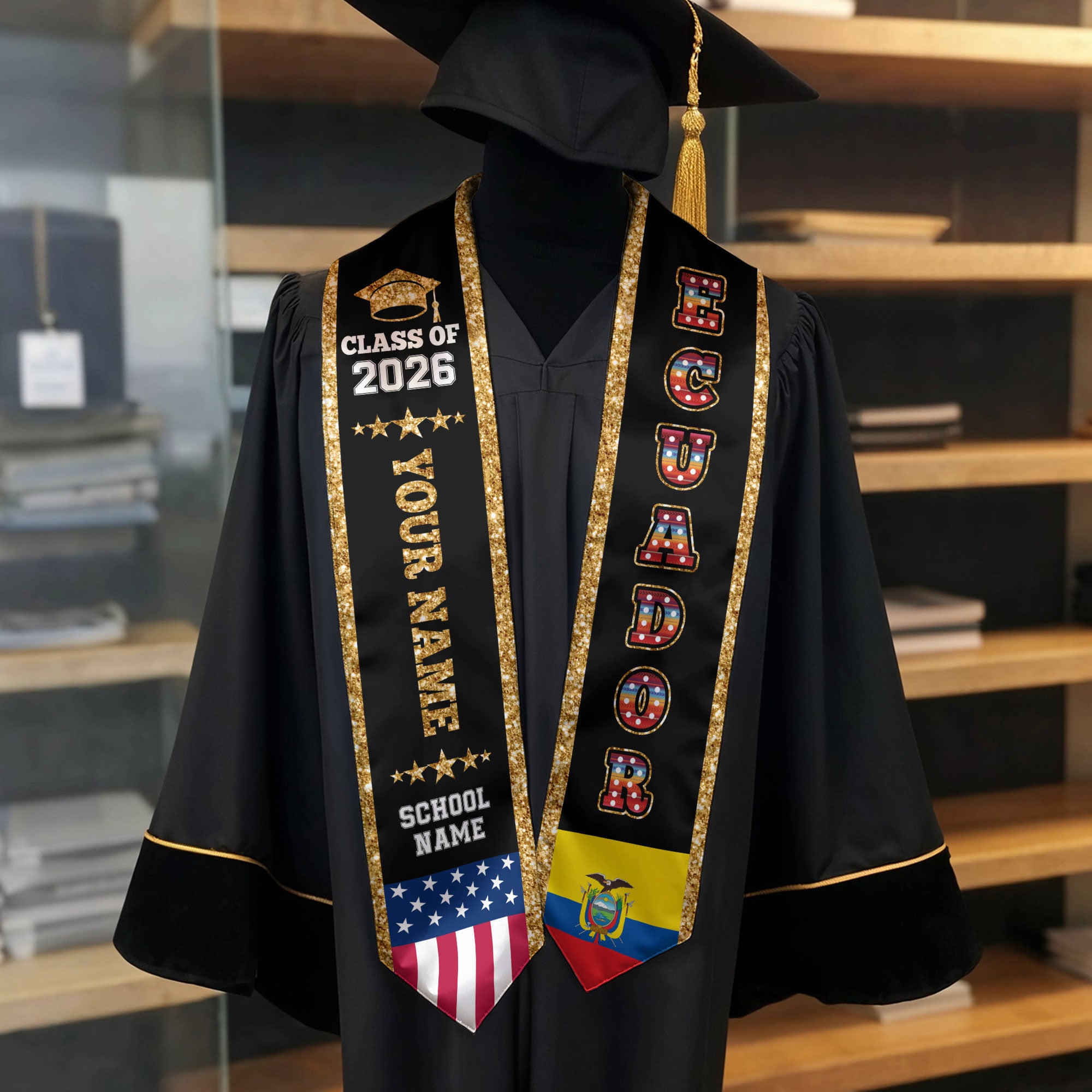 Ecuador Graduation Stole 2026, Ecuador Flag Sash, Personal Detail Option for Graduates