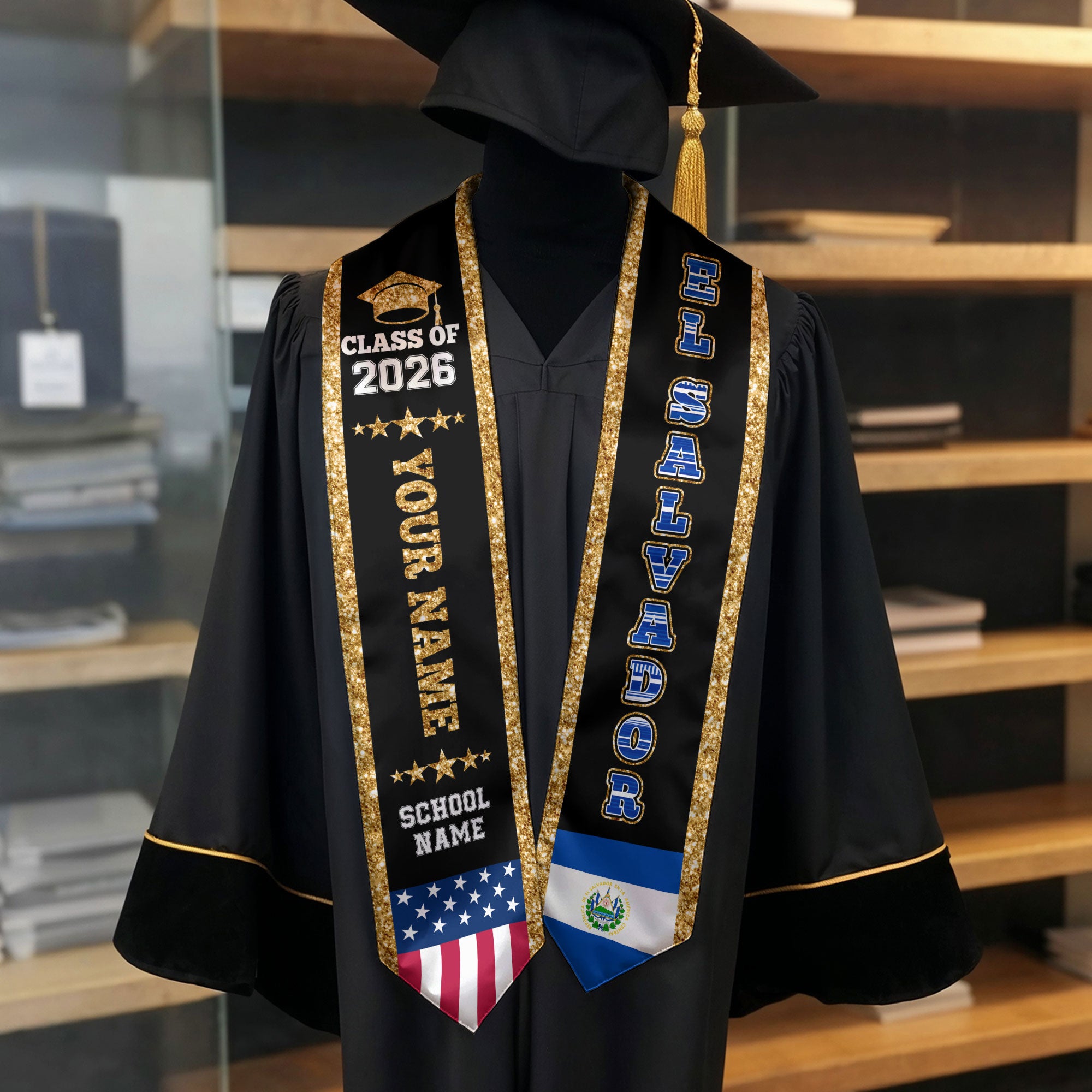2026 ElSalvador Flag Graduation Stole, ElSalvador Sash, Personal Detail Option for Grads