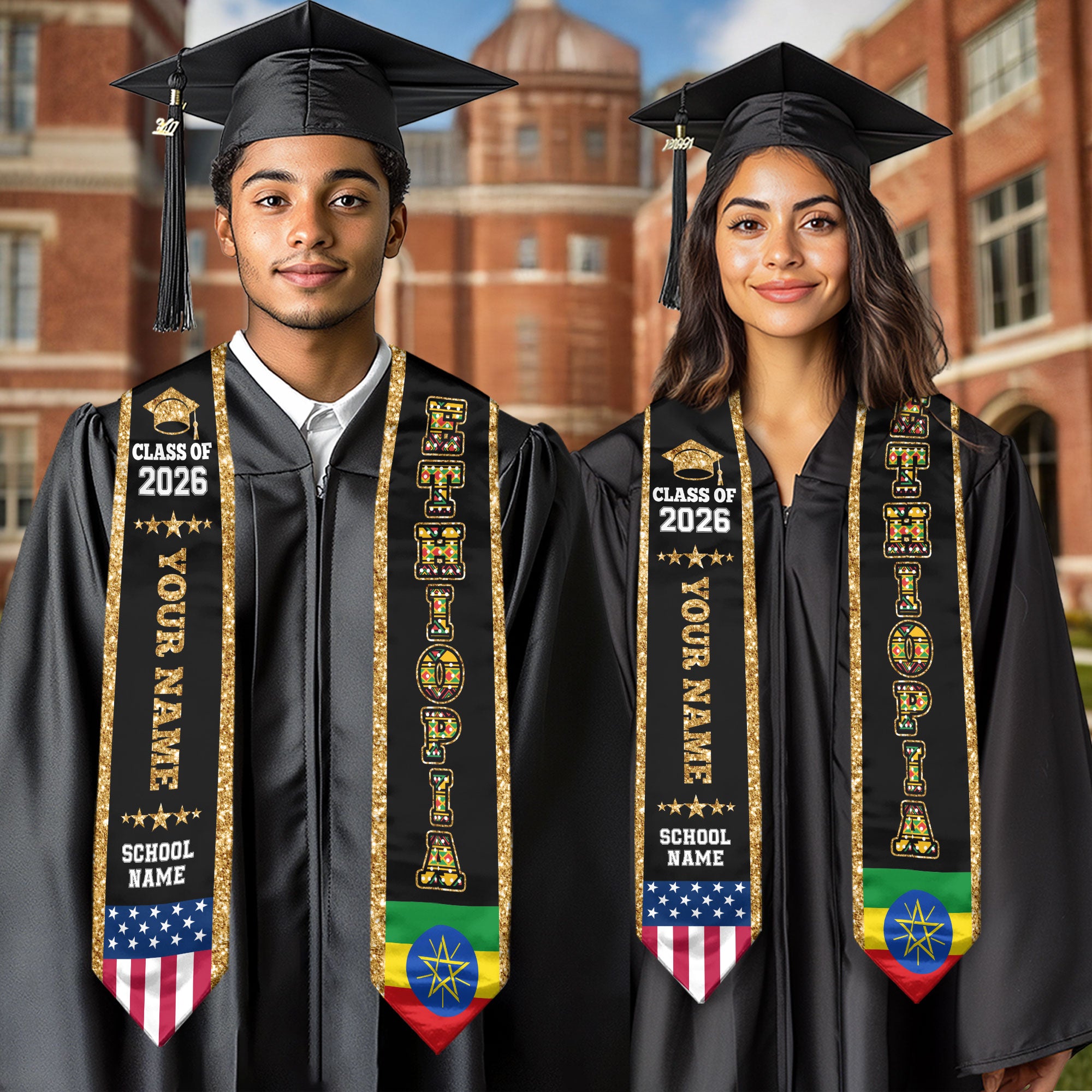 Ethiopia Graduation Stole 2026, Ethiopia Flag Sash, Personal Detail Option for Graduates