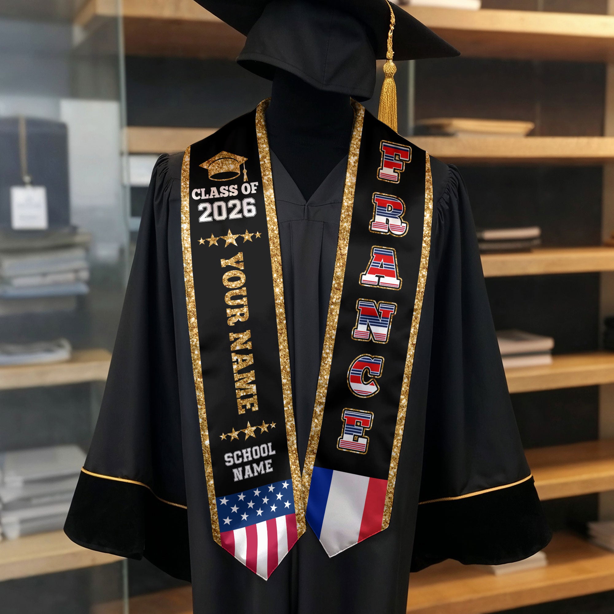France Graduation Stole 2026, France Flag Sash, Personal Detail Option for Graduates