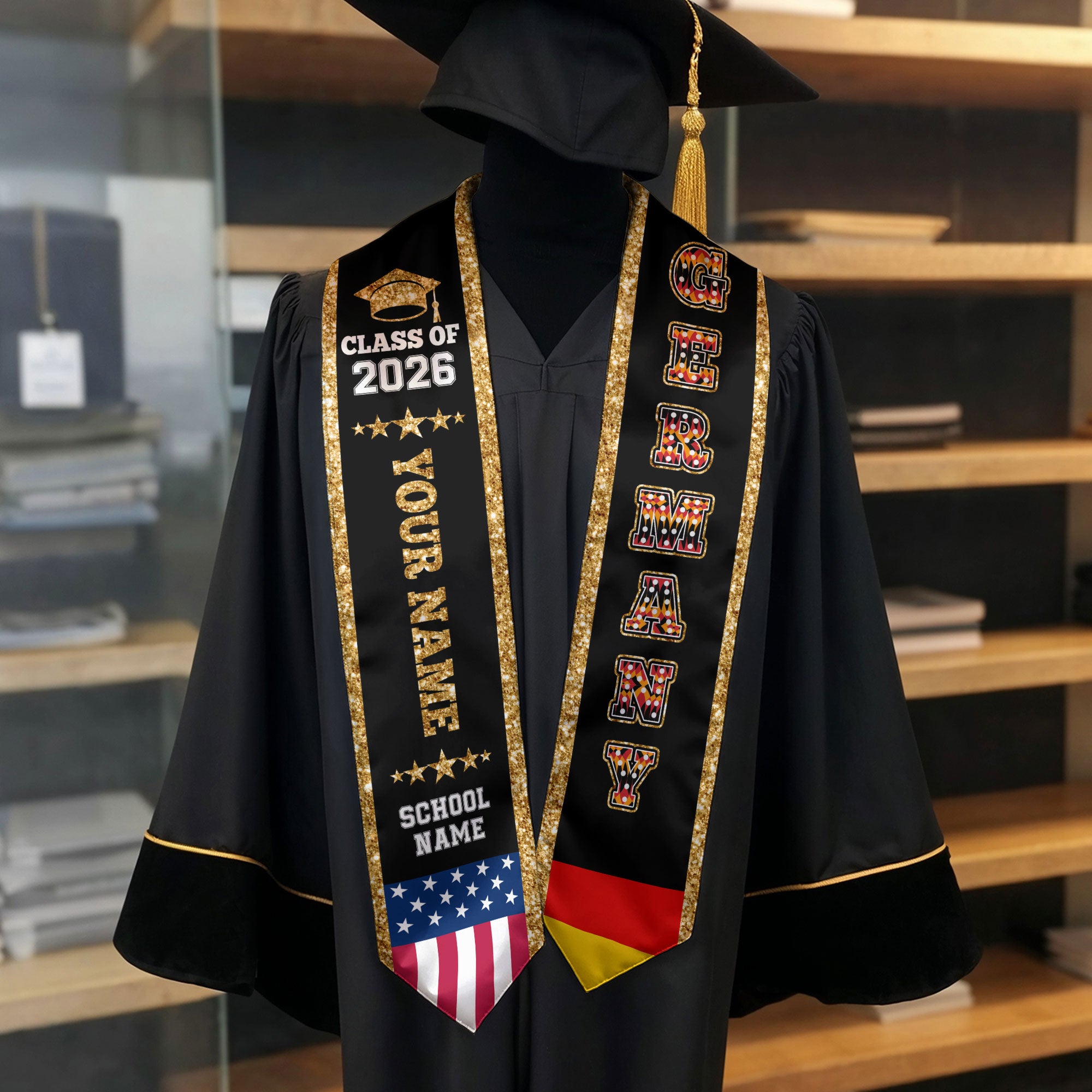 Germany Graduation Stole 2026, Germany Flag Sash, Personal Detail Option for Graduates