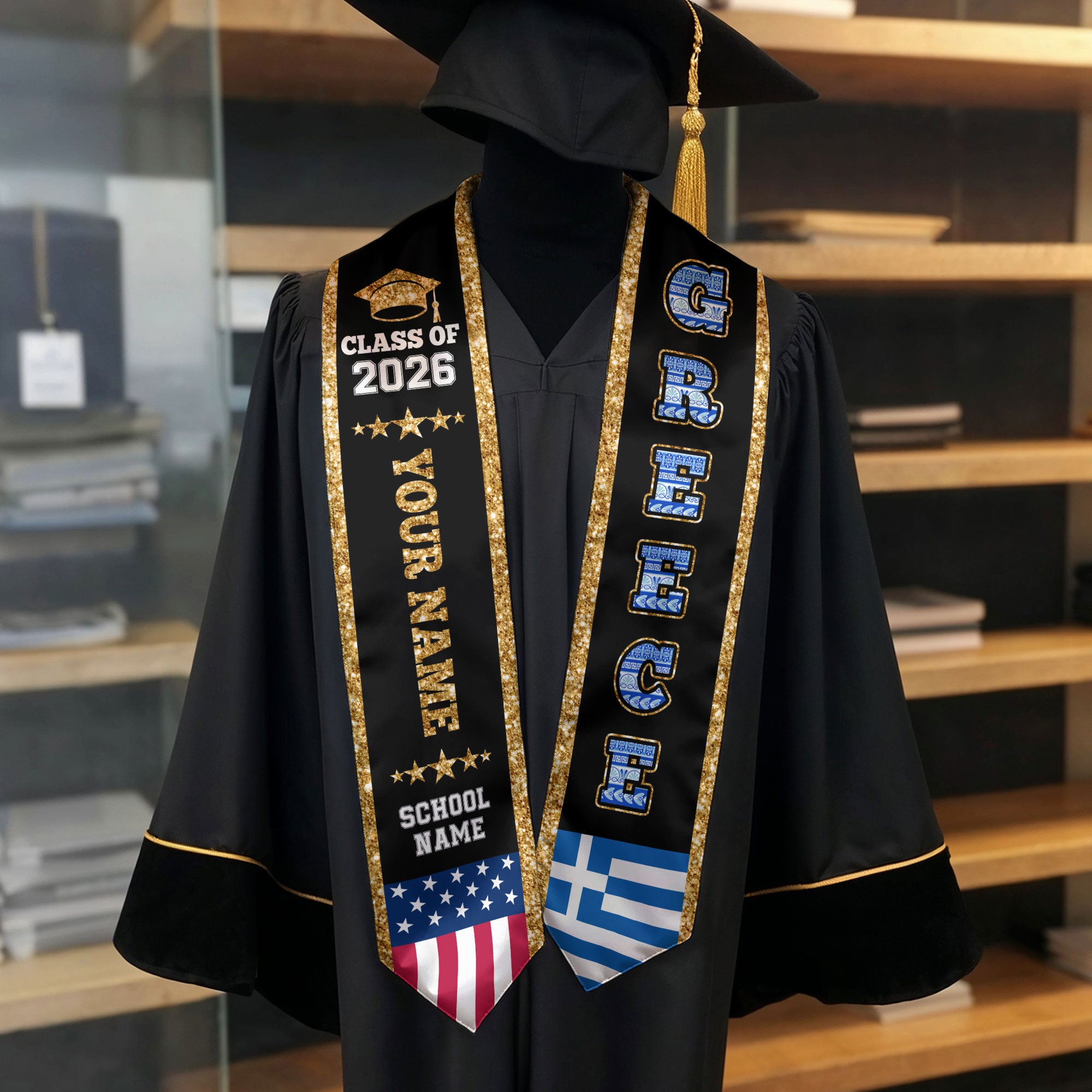 Greece Graduation Stole 2026, Greece Flag Sash, Personal Detail Option for Graduates
