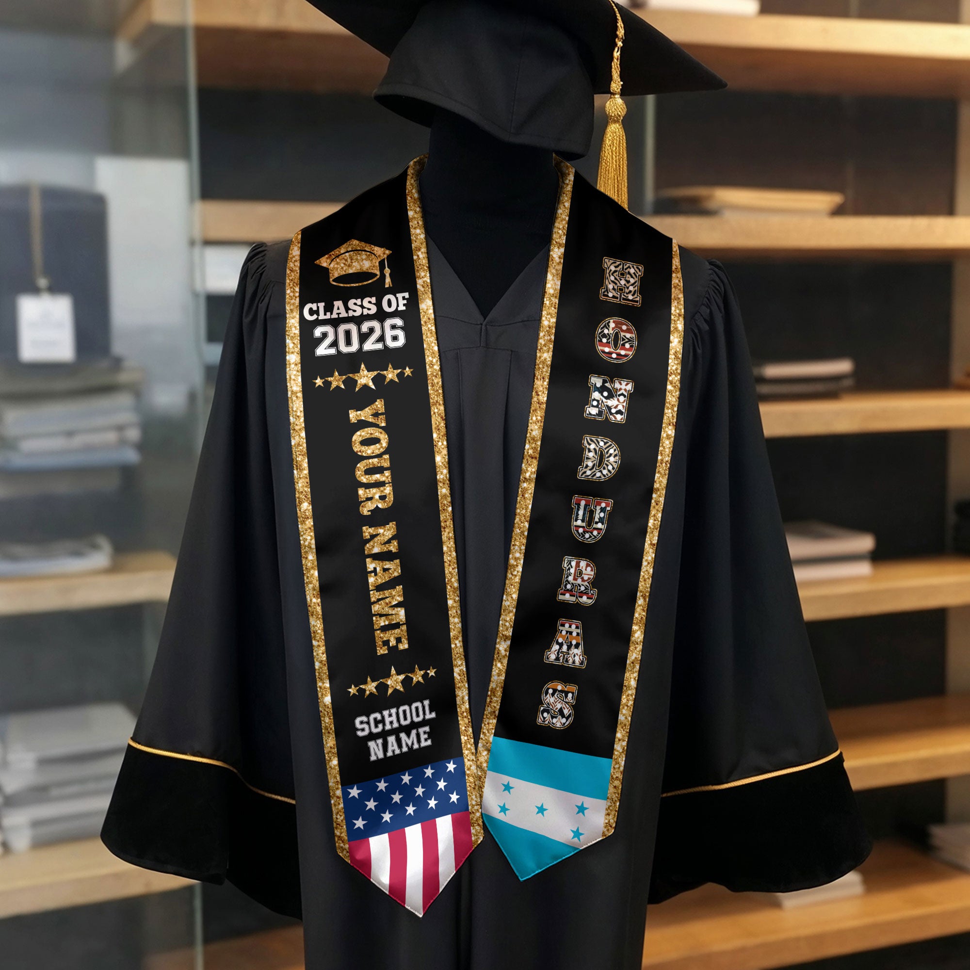 2026 Honduras Flag Graduation Stole, Honduras Sash, Personal Detail Option for Grads