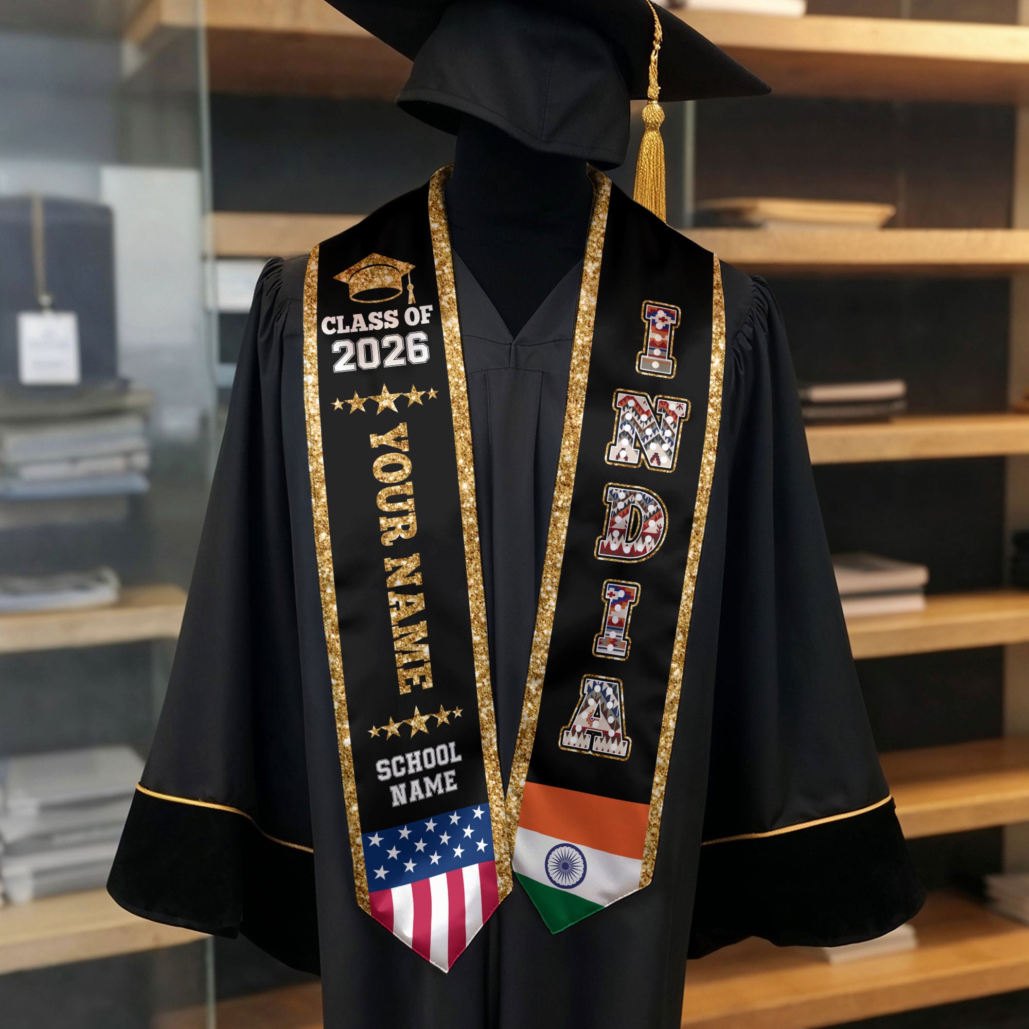 India Graduation Stole 2026, India Flag Sash, Personal Detail Option for Graduates